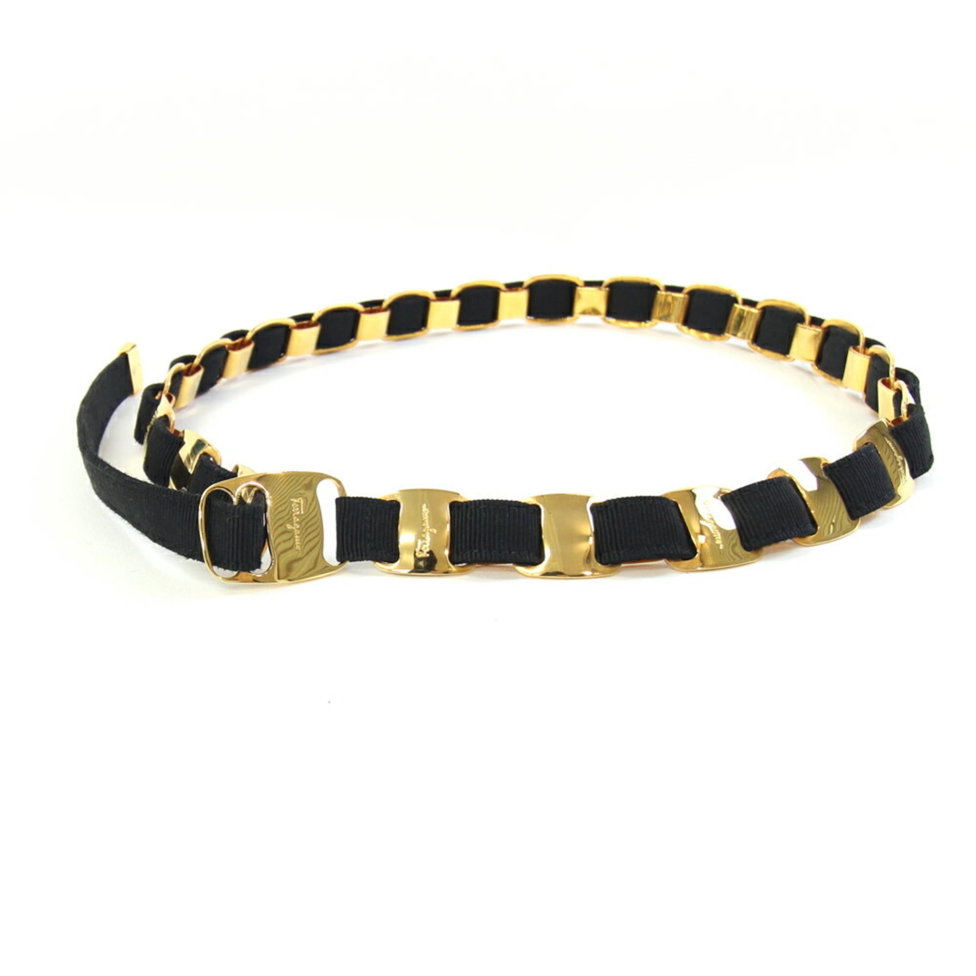Salvatore Ferragamo Vara Belt in Black and Gold Fabric Metal, Women’s