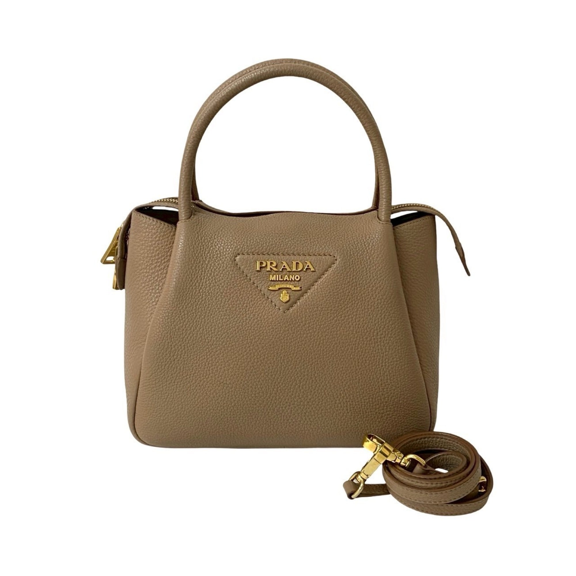 Prada Flu Vitello Dino Logo Hardware Soft Leather 2-Way Handbag/Shoulder Bag Beige a58-6