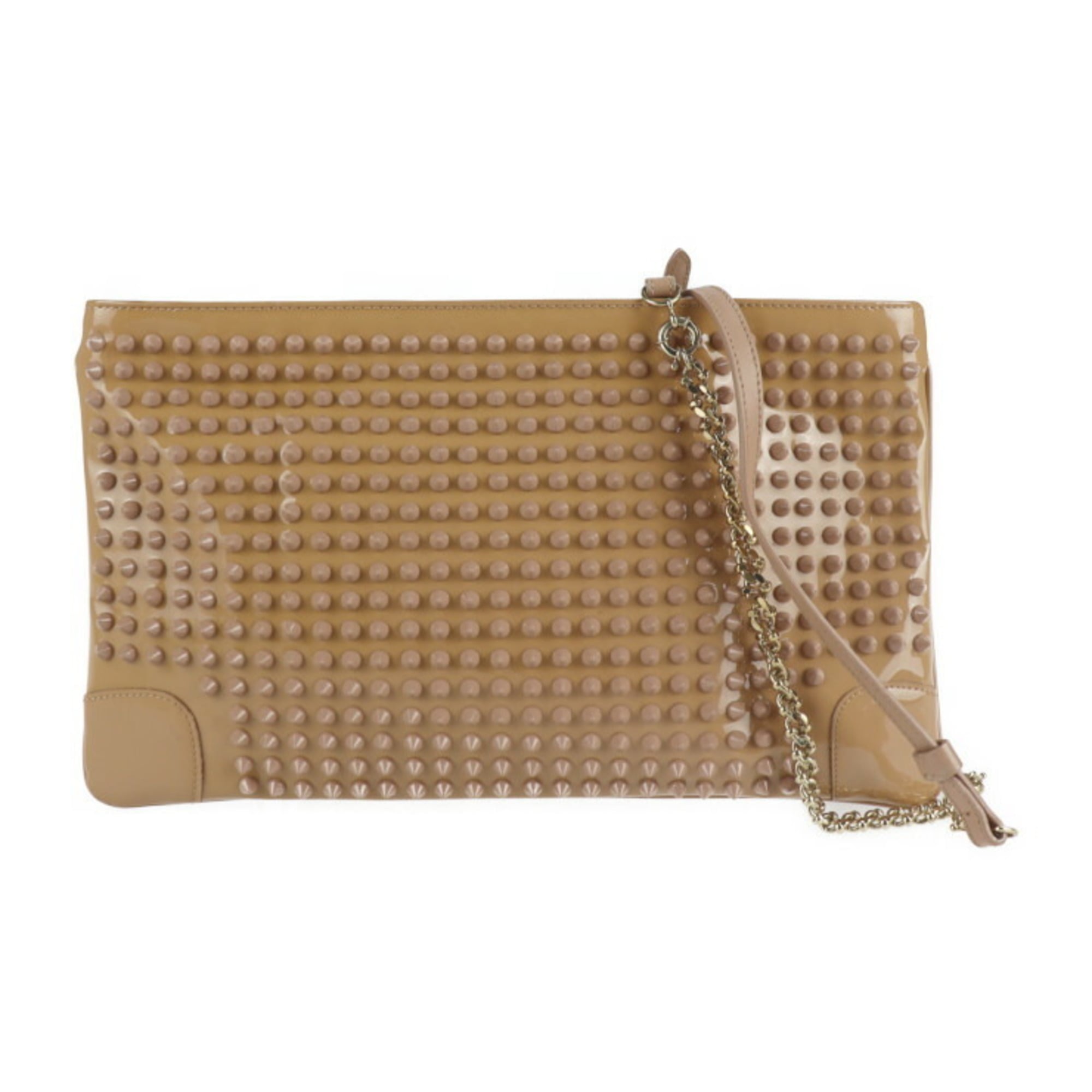 Christian Louboutin Rubi Posh Clutch Bag 3120508 Patent Leather Beige Brown Studs Chain Shoulder 2110063007214R1