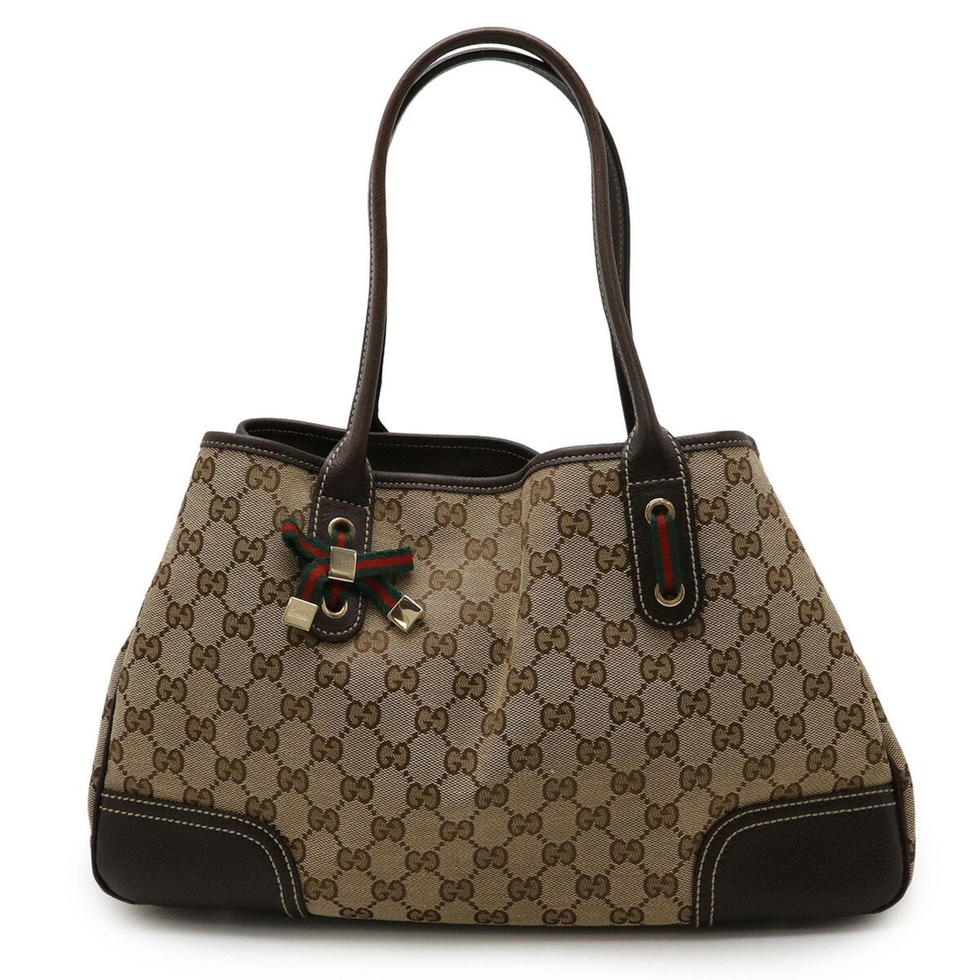 GUCCI GG Canvas Princess Line Ribbon Tote Bag Shoulder Leather Khaki Beige Dark Brown 163805