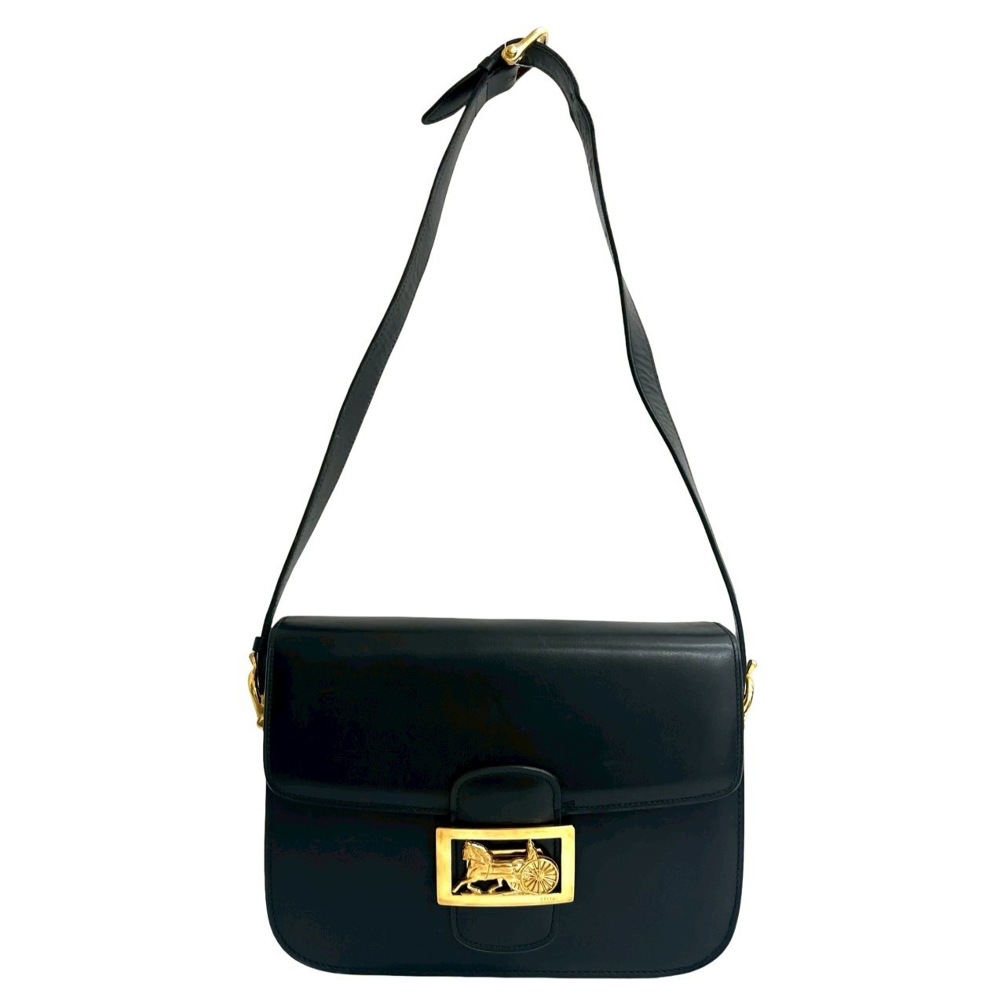CELINE Vintage Carriage Calf Leather Semi-Shoulder Bag/One-Shoulder Bag, Black 21084