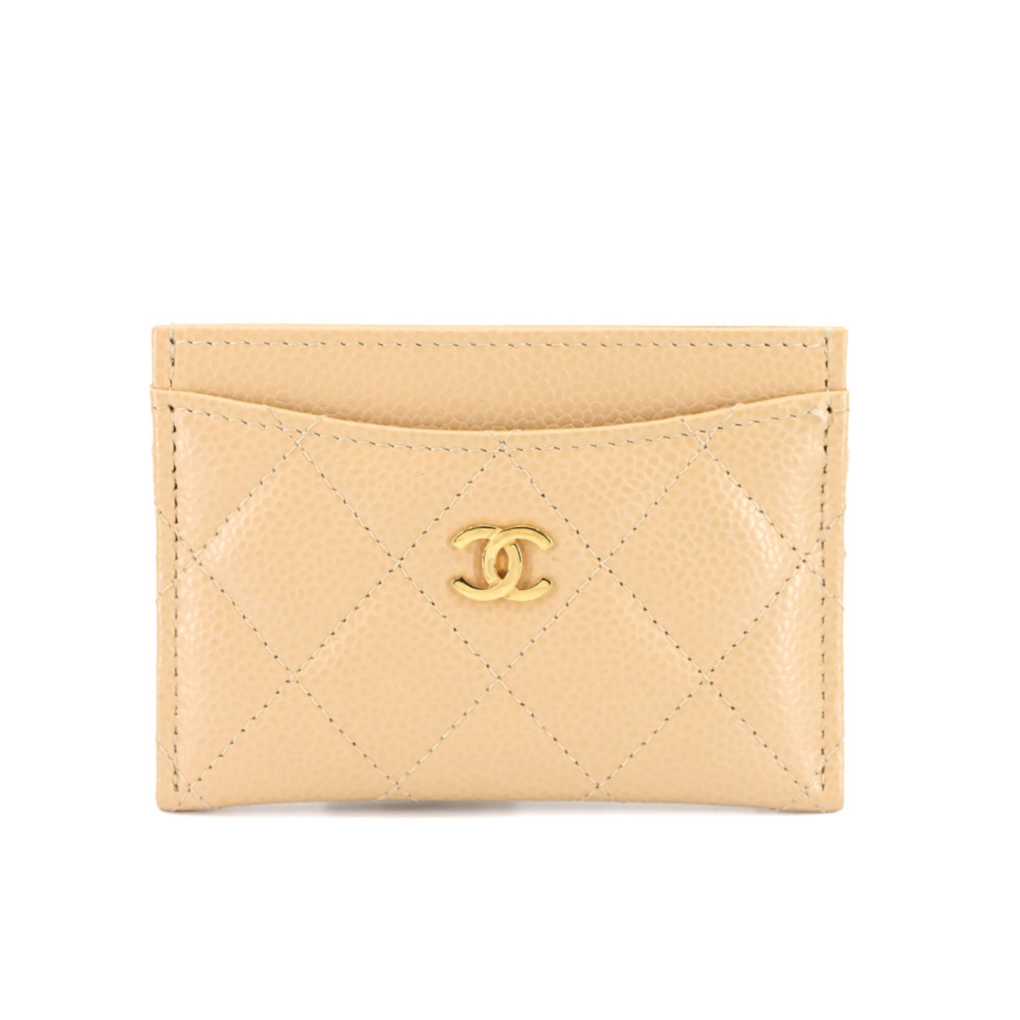 CHANEL Matelasse Card Case, Beige Caviar Leather with Gold Hardware, AP0213