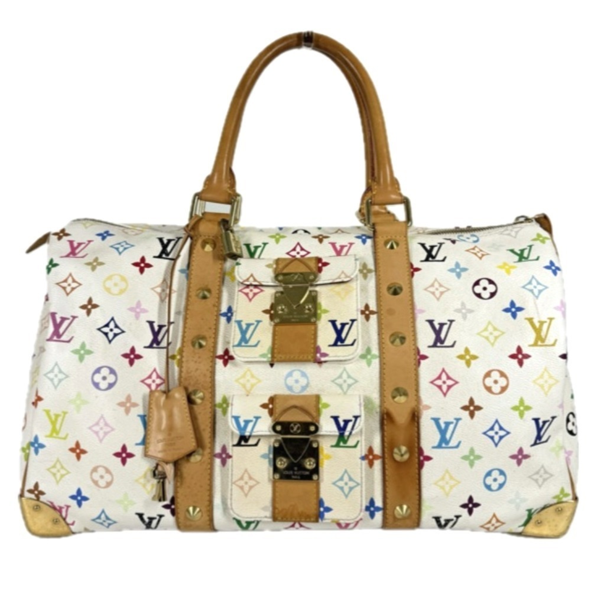 LOUIS VUITTON M92641 Monogram Multicolore Keepall 45 by Takashi Murakami. This handbag/travel bag/Boston bag is crafted from canvas and available in blanc white. Available for men women.
