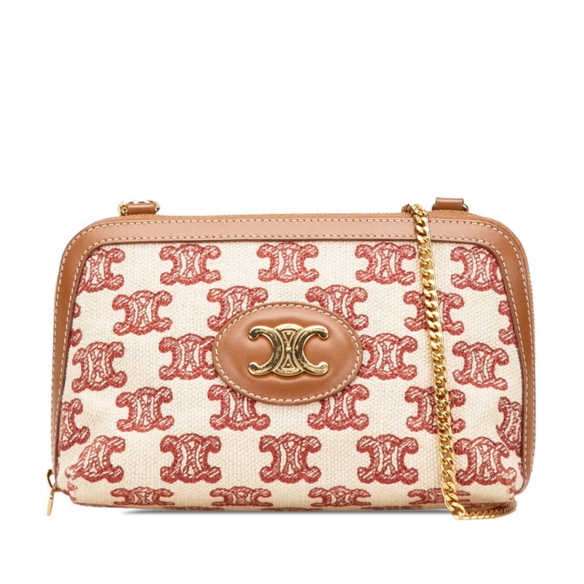 Celine Triomphe Chain Shoulder Bag in Beige and Brown Canvas Leather for Women.