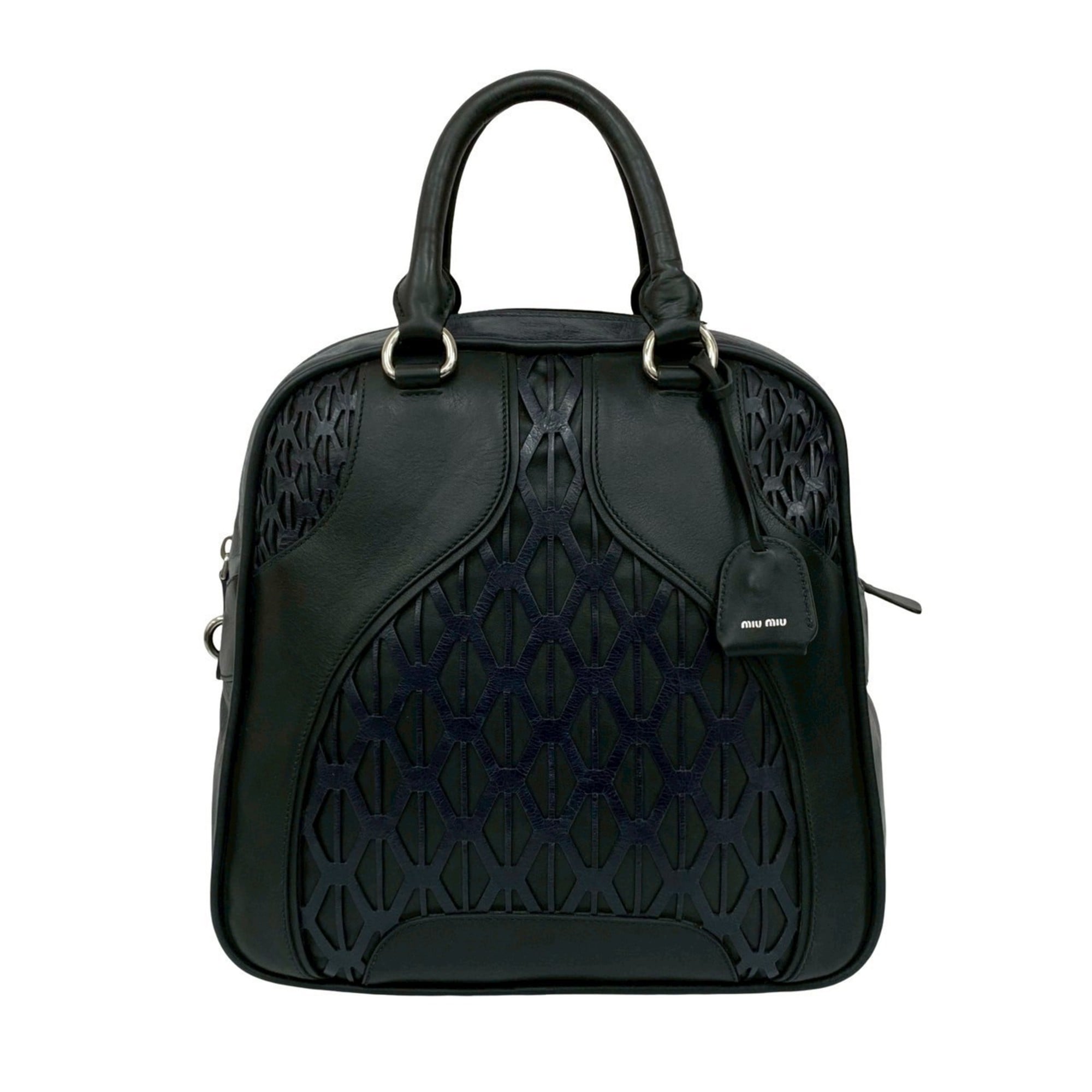 Miu Miu MIUMIU Cutout Leather Boston Bag, Travel Handbag, Black/Navy, 78173