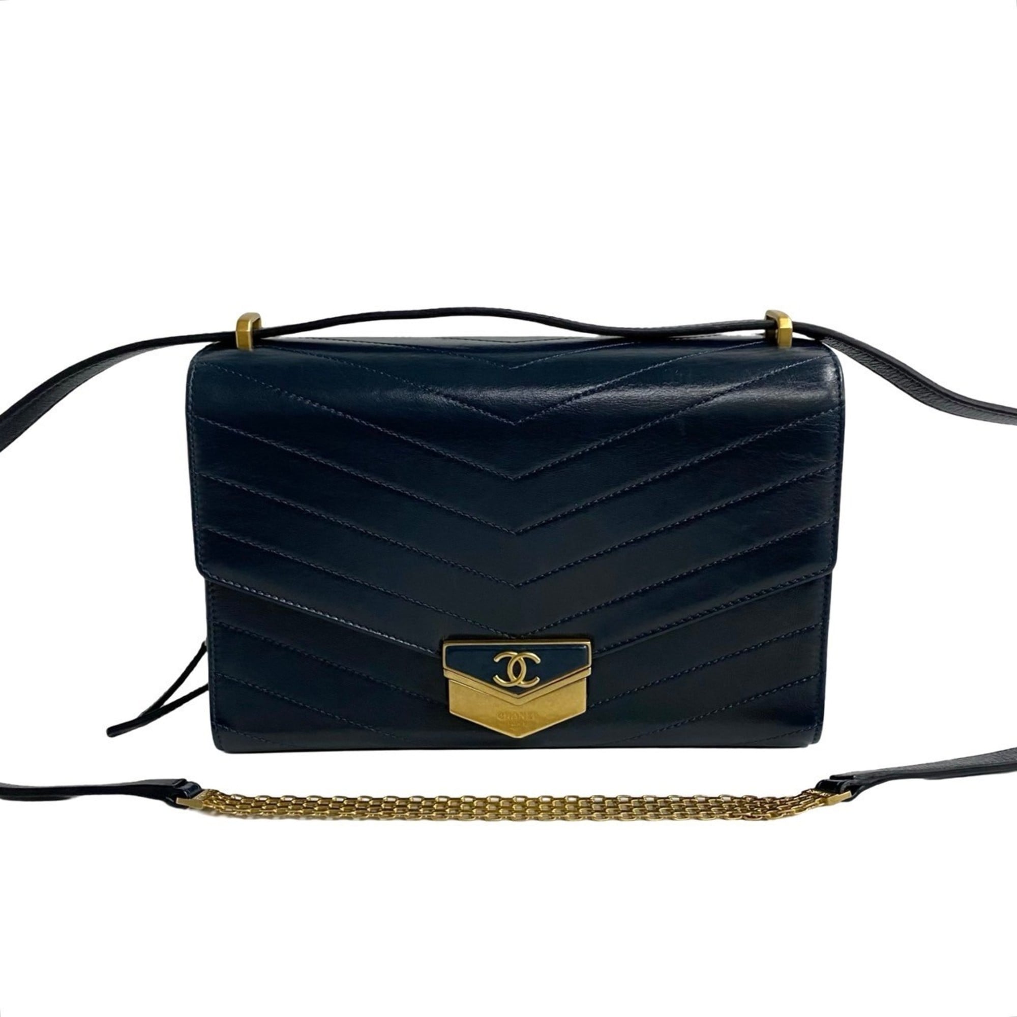 CHANEL Coco Mark V-Stitch Leather Semi-Shoulder Bag/Pochette in Navy 64288