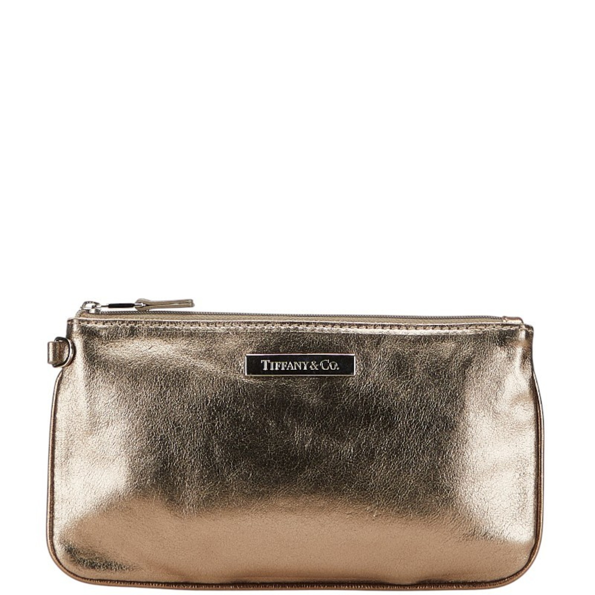 Tiffany & Co. logo plaque pouch, gold leather, women’s.