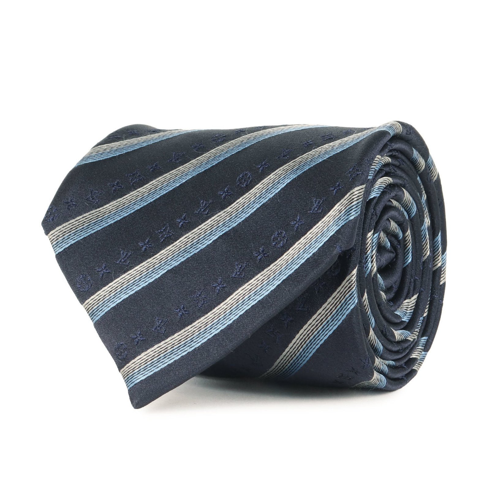 LOUIS VUITTON Regimental Monogram Silk Cravate Tie in Navy Blue, Men’s, K4616