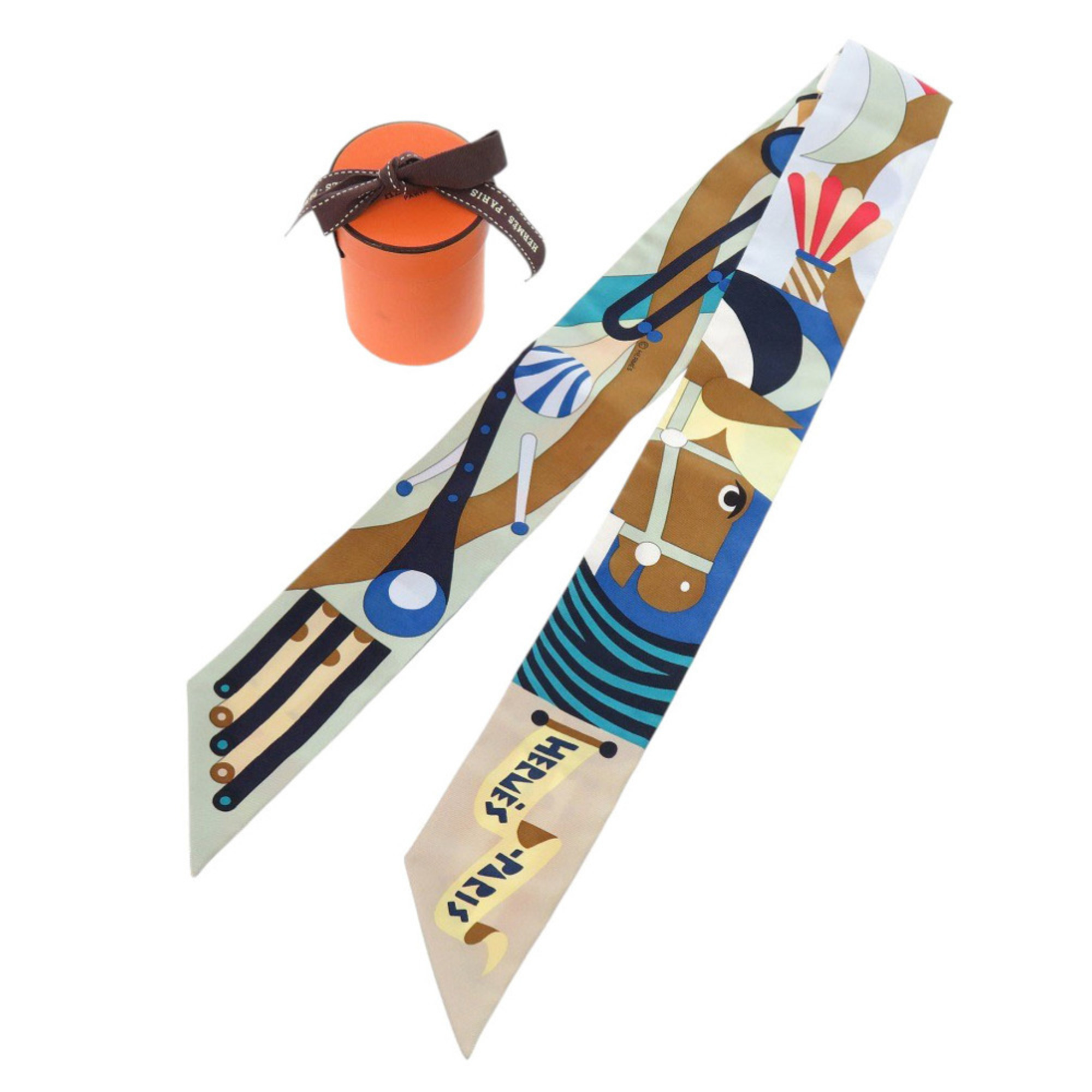 Unused HermÃ¨s Twilly “Parade en Fanfare” Silk Blue Scarf/Muffler, 1246 HERMES