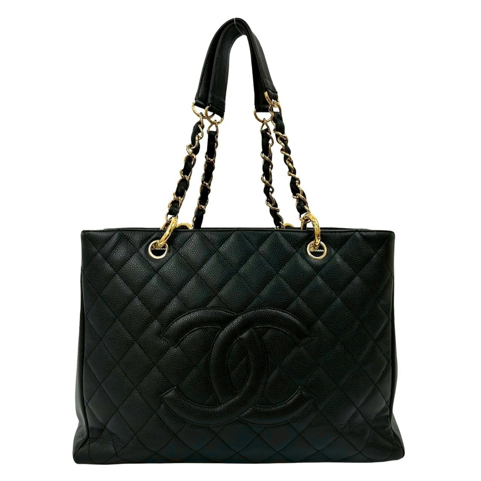 CHANEL Matelasse Coco Mark Caviar Leather Chain Tote Bag, Black, 23987