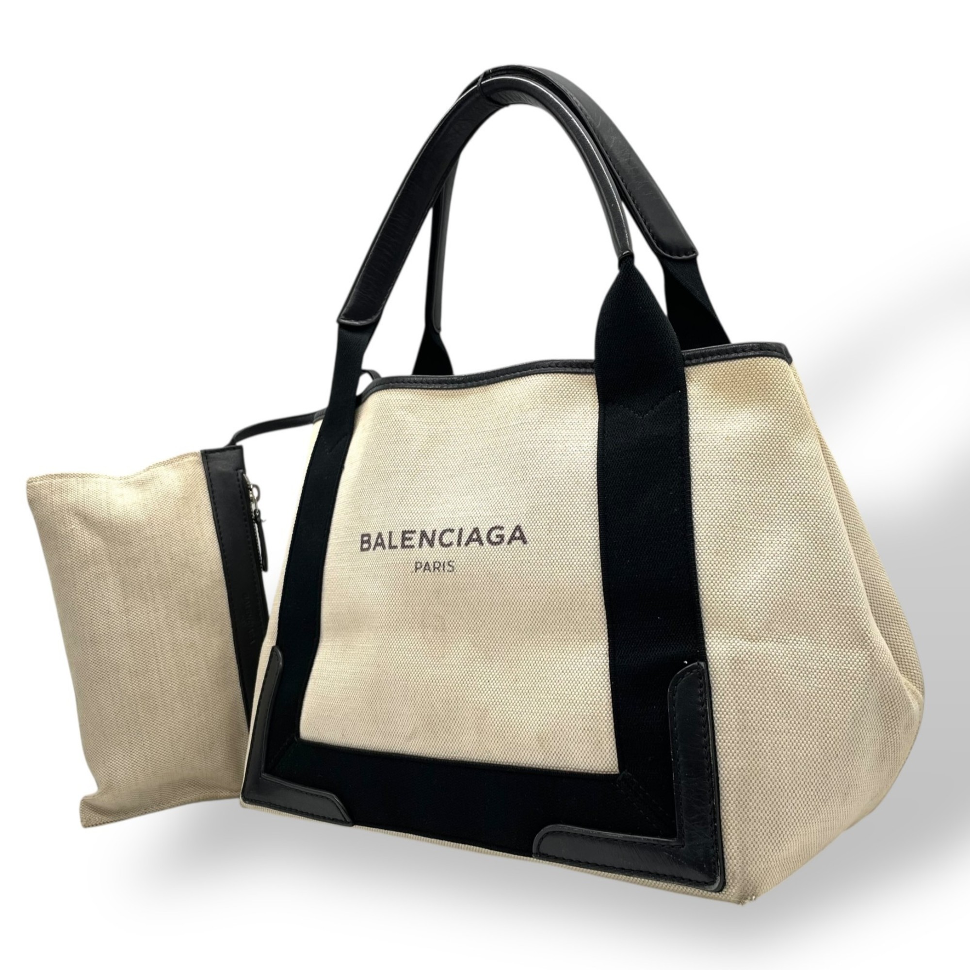 BALENCIAGA Cabas Handbag Tote Bag in White and Black Canvas with Leather Pouch, Women’s Z3