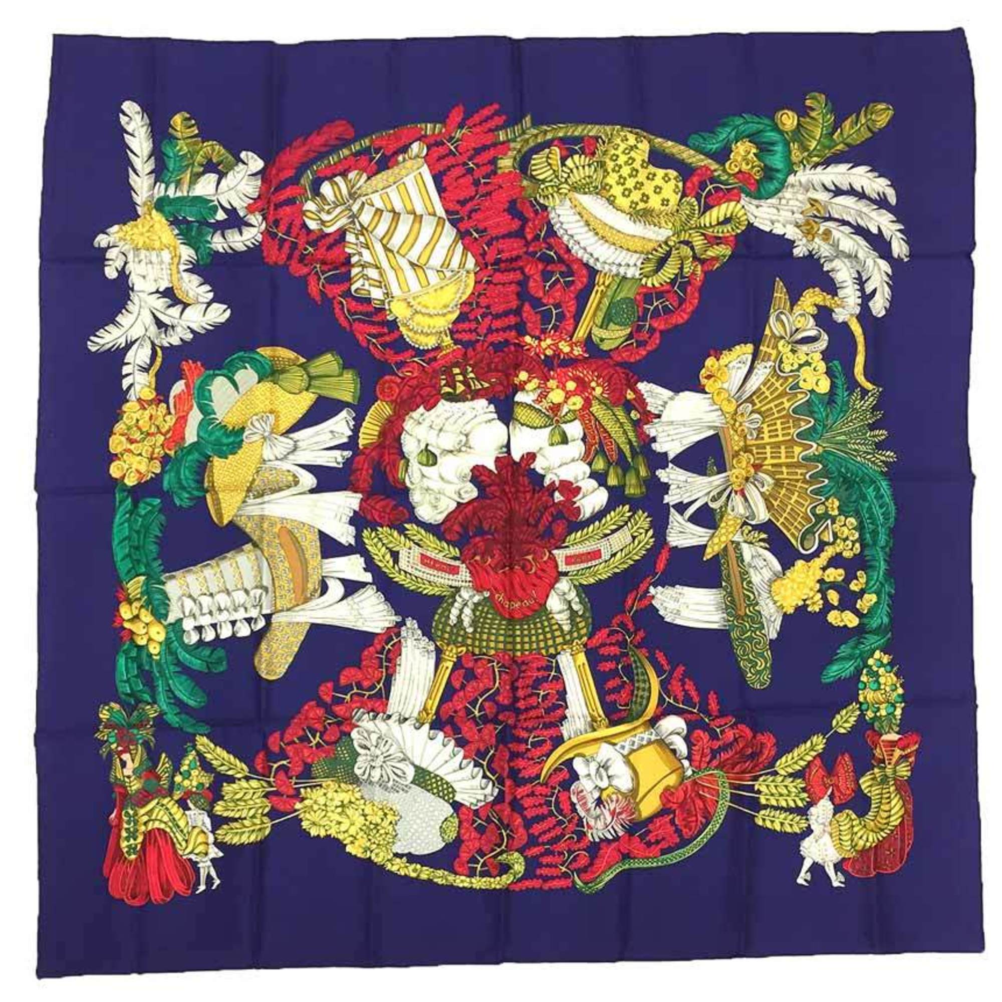 HERMES Scarf/Muffler CarrÃ© 90 CHAPEAU (Hat-off) 100% Silk Navy HermÃ¨s Scarf