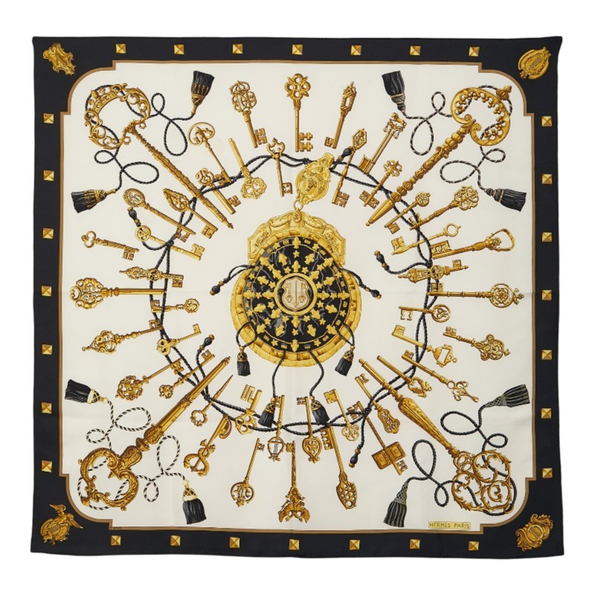 HermÃ¨s CarrÃ© 90 LES CLES Key Scarf Muffler Black Gold Silk Women’s HERMES