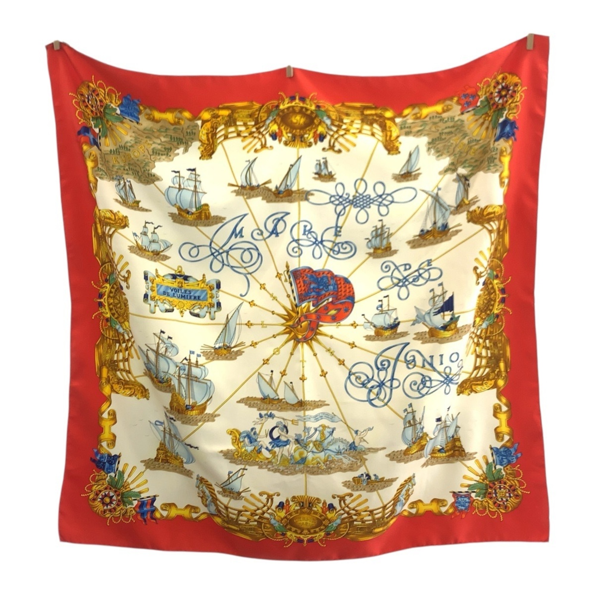 HERMES CarrÃ© 90 Sailboat of Light Red White Yellow Silk Scarf for Women