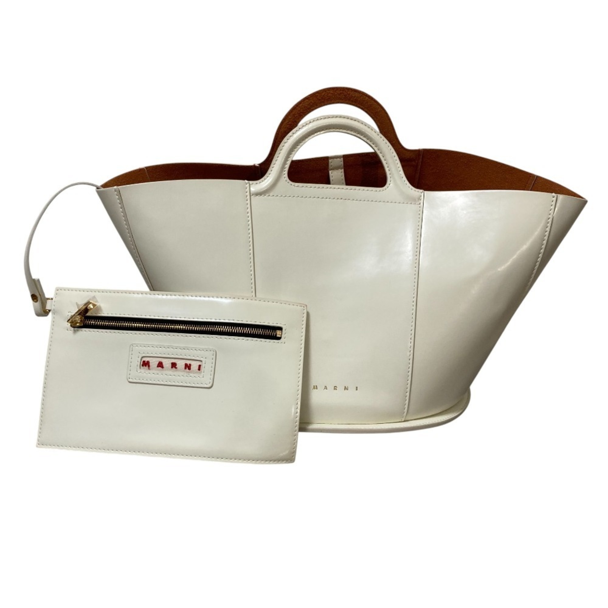 MARNI Tropicalia Bucket Leather Tote Bag with Pouch, White, Women’s