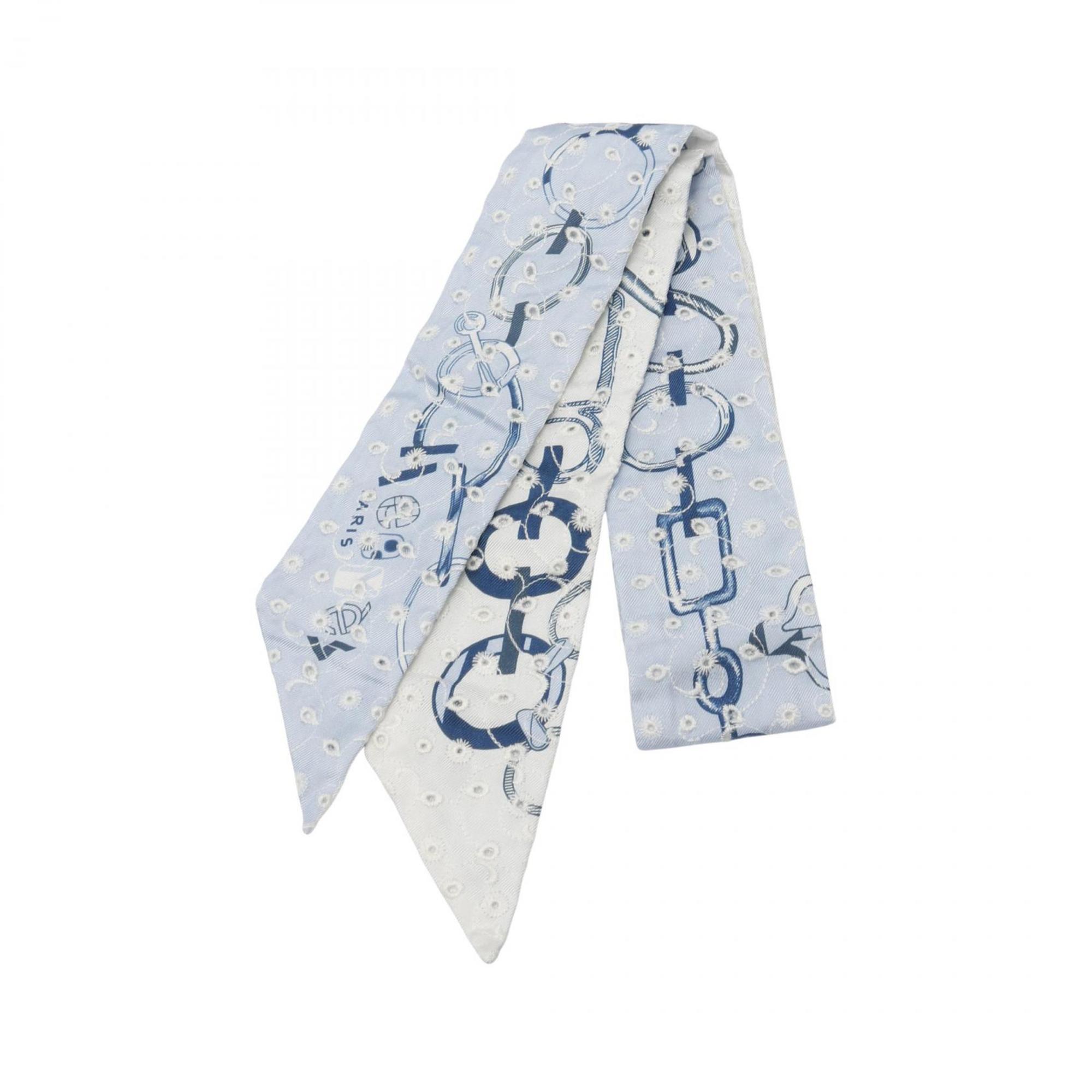 Hermes HermÃ¨s Twilly Do Re Boucles Broderie Anglaise Silk Scarf for Women in Blue and White