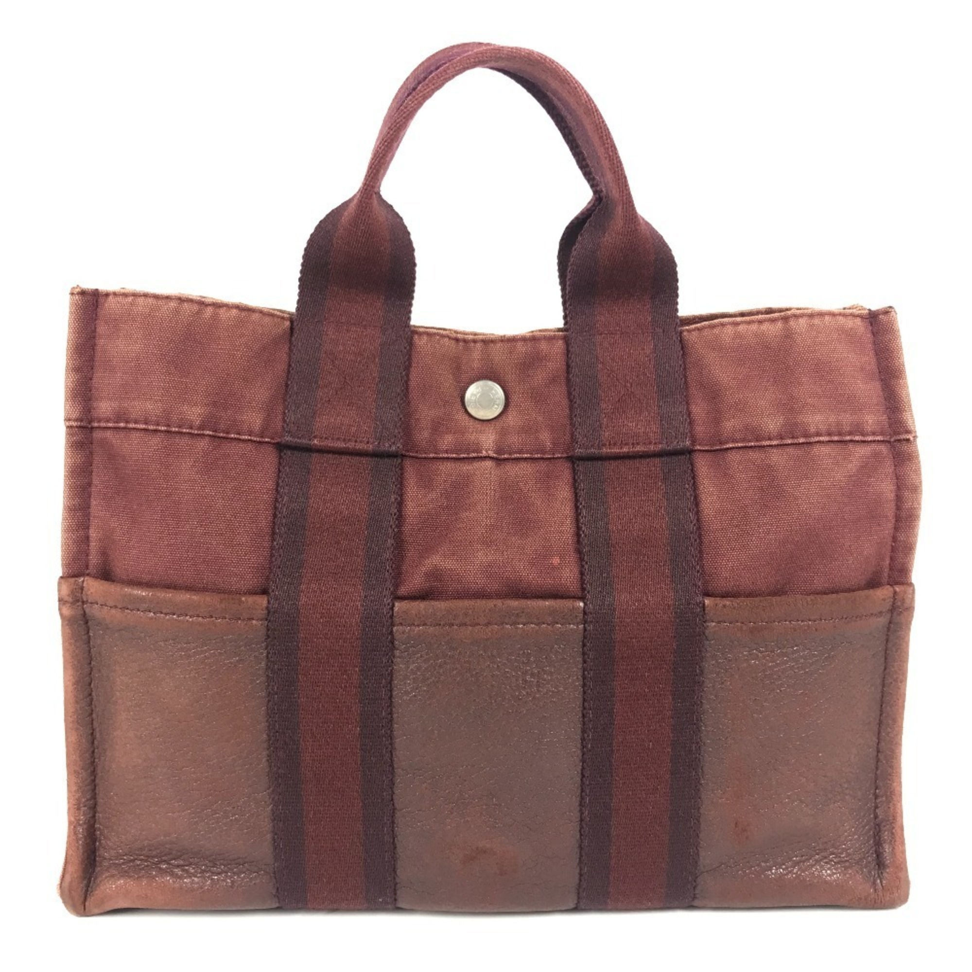 HERMES Half Leather Foule Tote PM Bag, Canvas Handbag, Men’s/Women’s, Wine Red