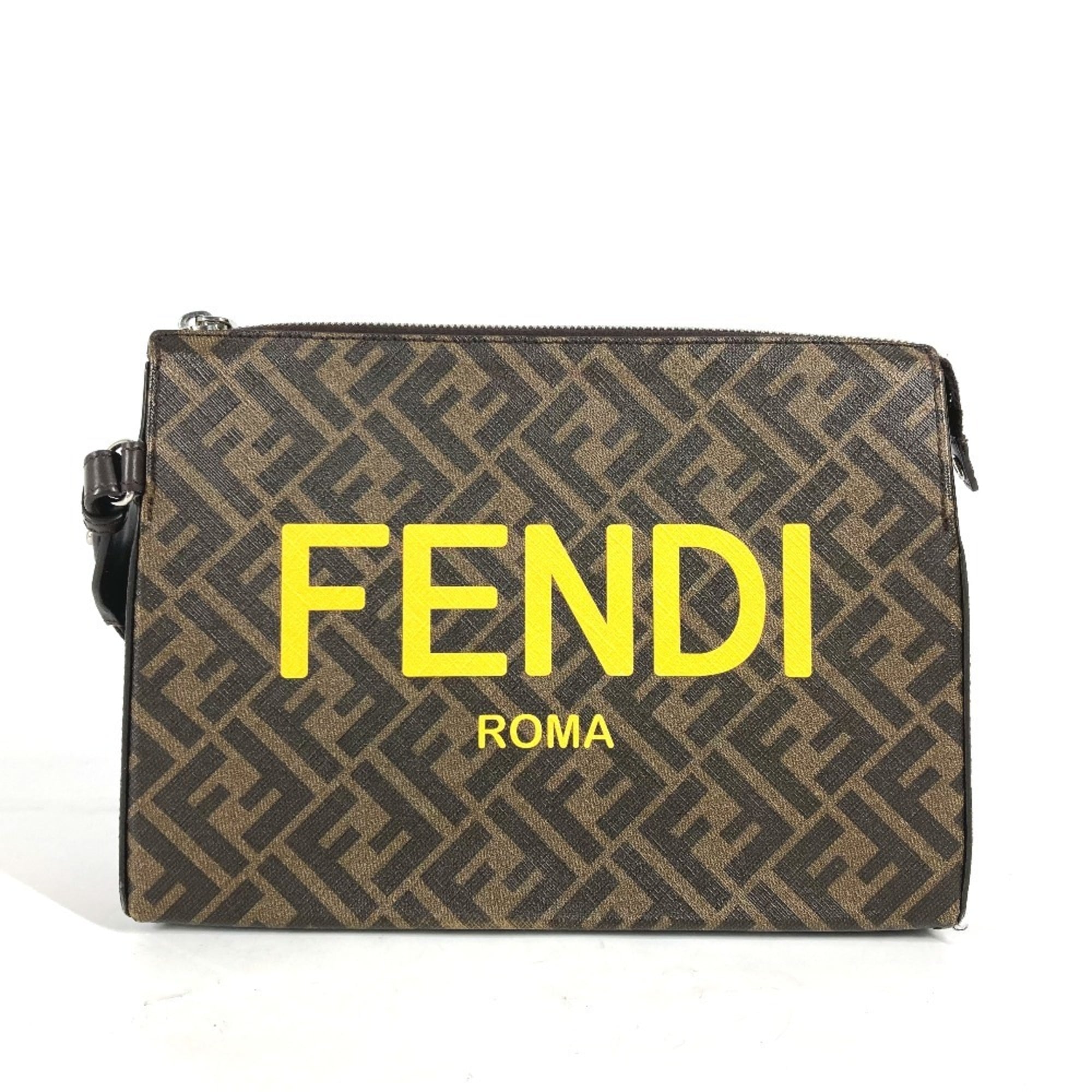 FENDI 7VA564 Zucca Logo Clutch Bag with Strap, Leather and Canvas, Men’s, Brown