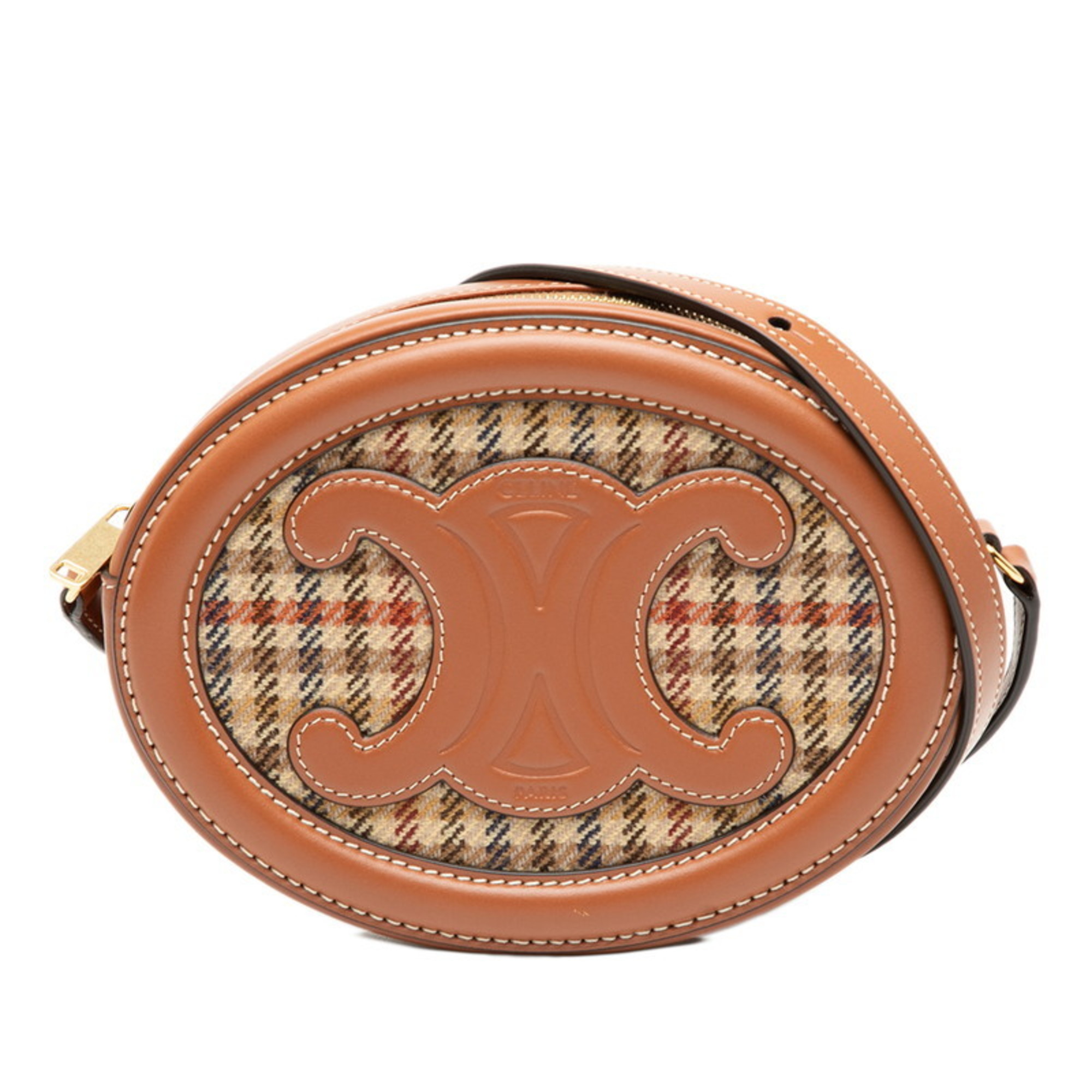 Celine Triomphe Oval Purse Cuir Crossbody Shoulder Bag in Brown Multicolor Leather and Wool for Women
