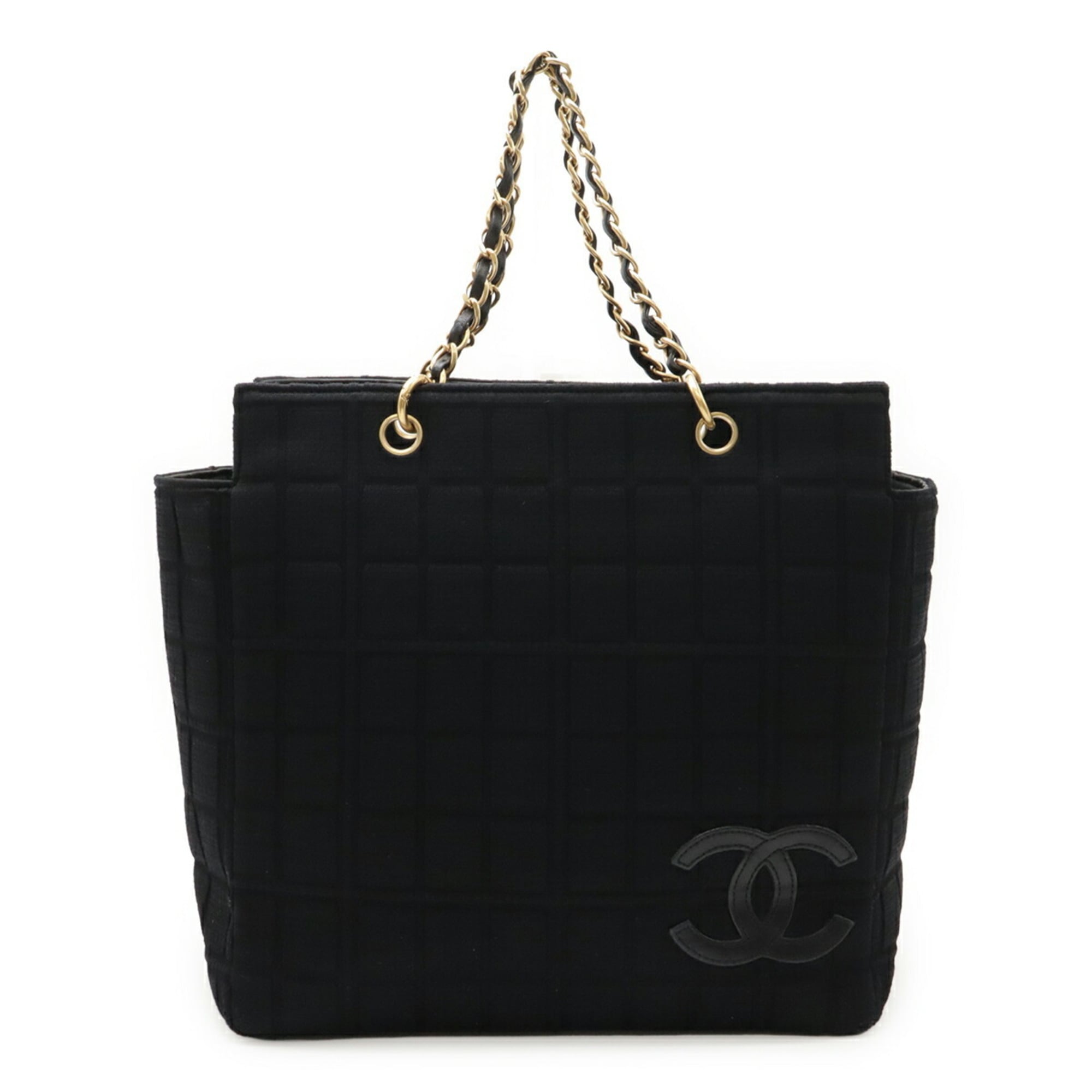 CHANEL Chocobar Coco Mark Chain Tote Bag Shoulder Cotton Jersey Leather Black