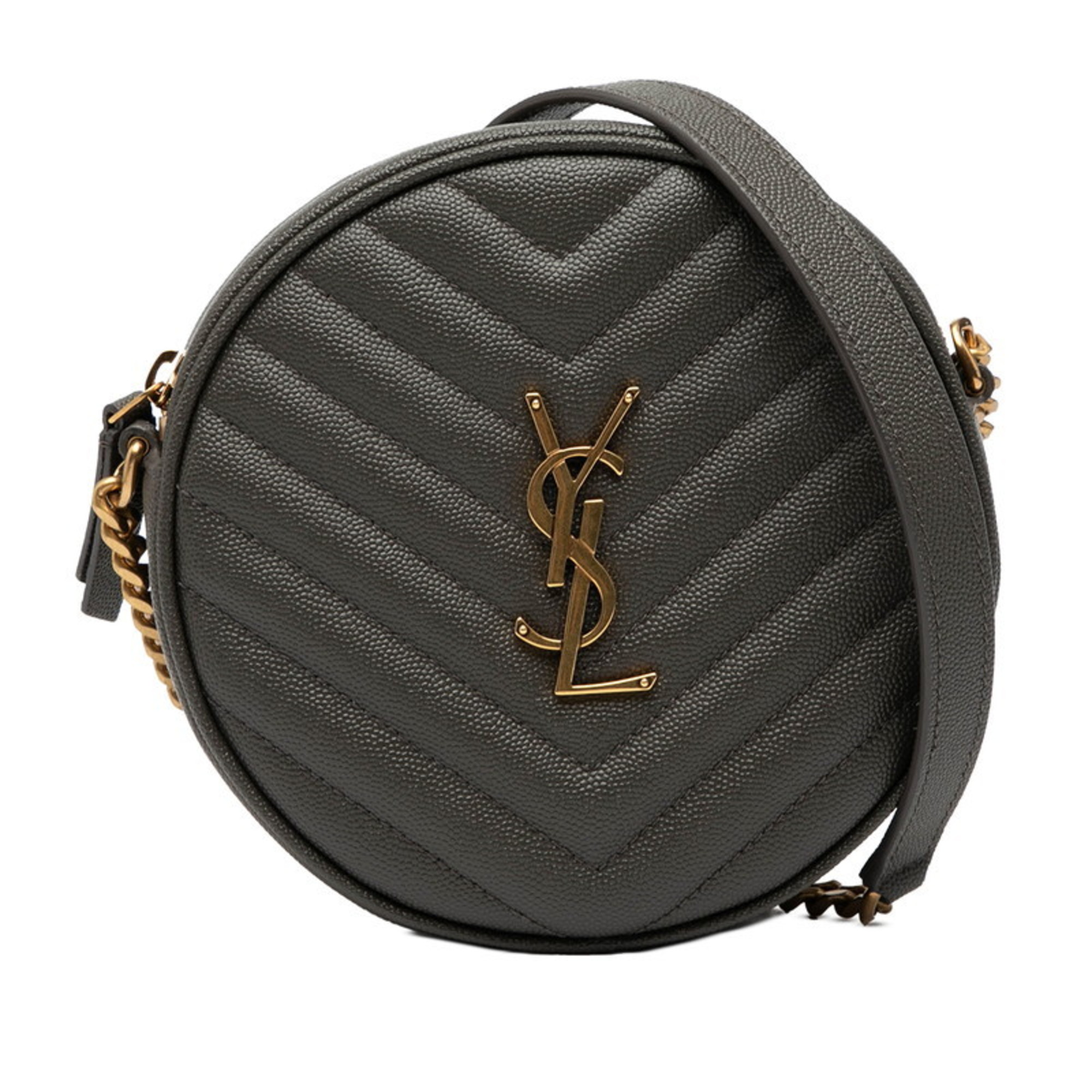 Saint Laurent YSL logo vinyl crossbody chain shoulder bag 610436 in greige leather for women.
