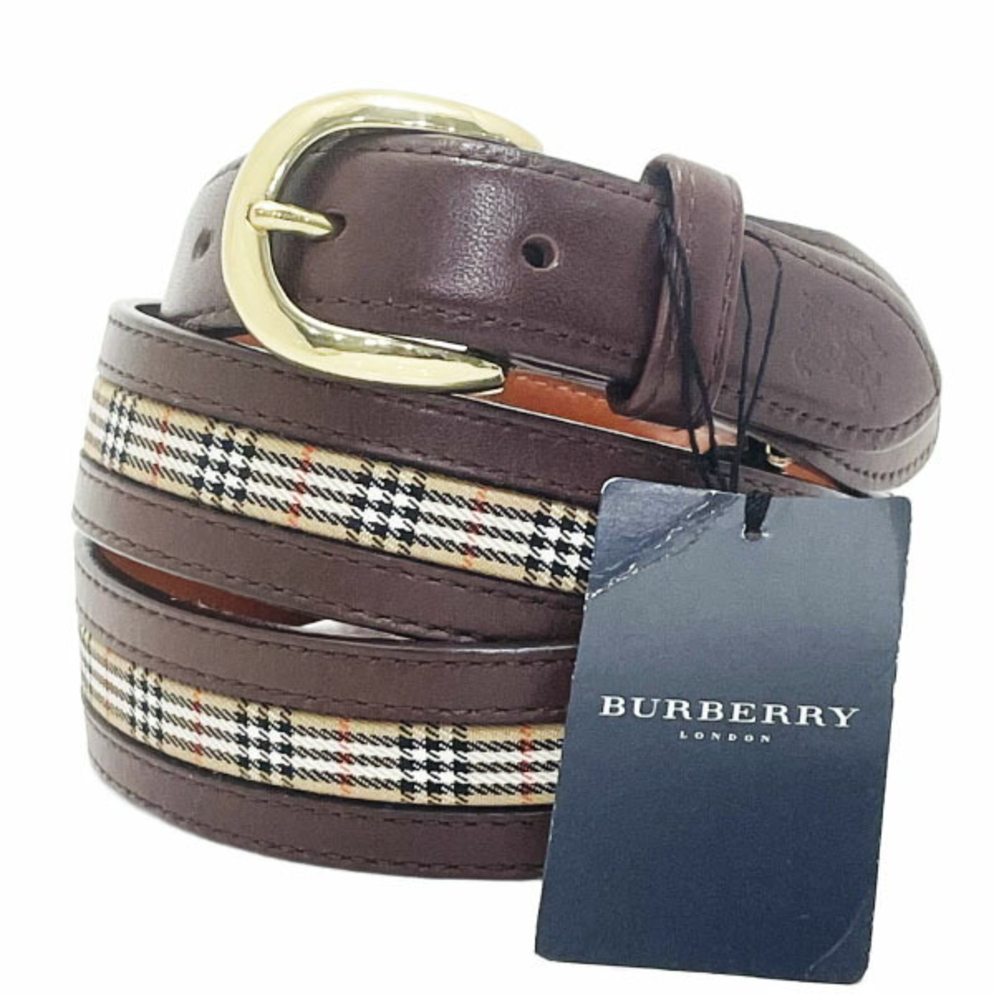 Burberry London Check Pattern Belt Men’s Leather Canvas Dark Brown Beige Size approx. 95cm BURBERRY LONDON AA-15182