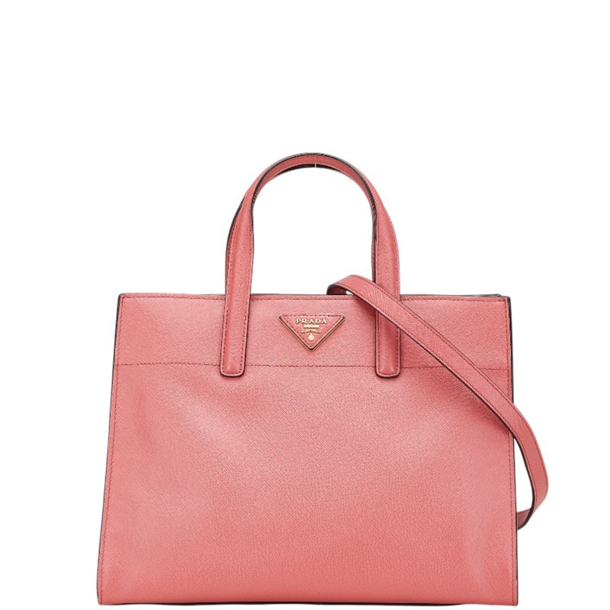 Prada Saffiano Triangle Logo Plate Handbag/Shoulder Bag, 2-Way, BN2606, Pink Leather, Women’s, PRADA