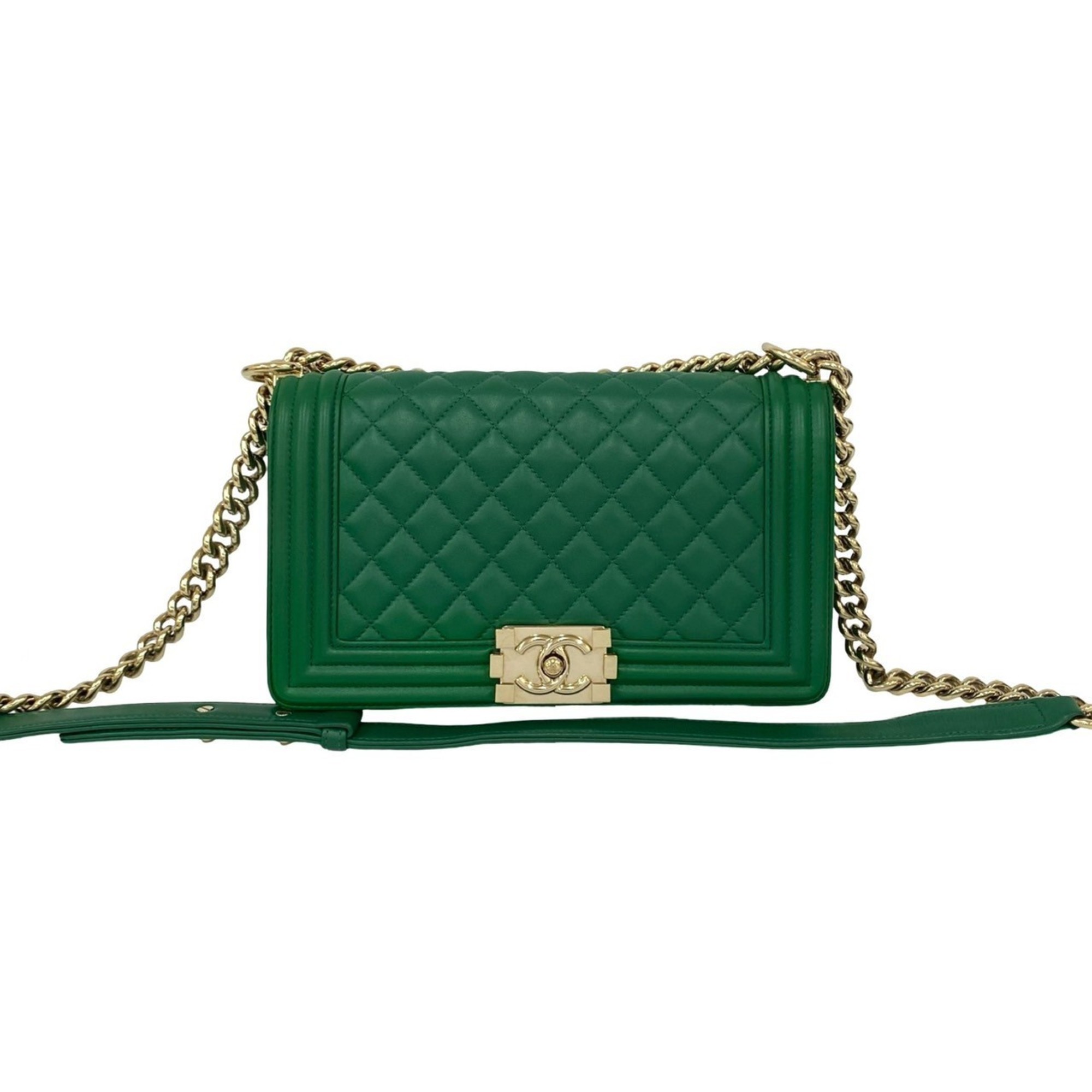CHANEL Boy Chanel Coco Mark Lambskin Leather Chain Shoulder Bag Green 27446