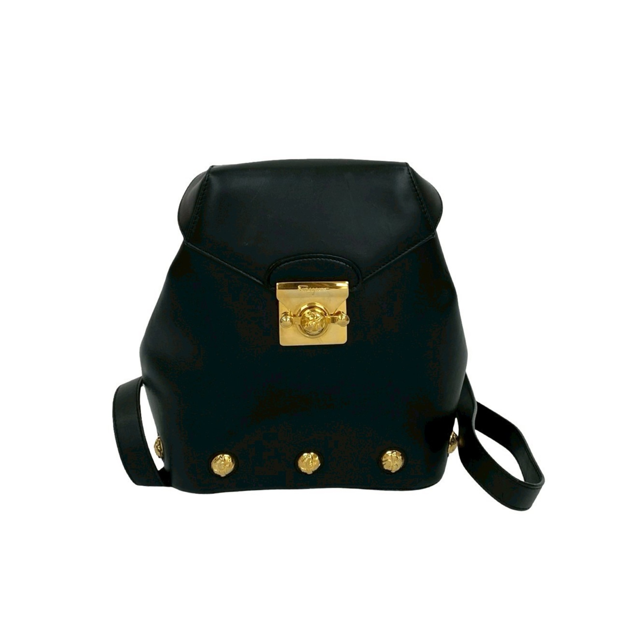 Salvatore Ferragamo high heel motif gold hardware genuine leather backpack in black 90300
