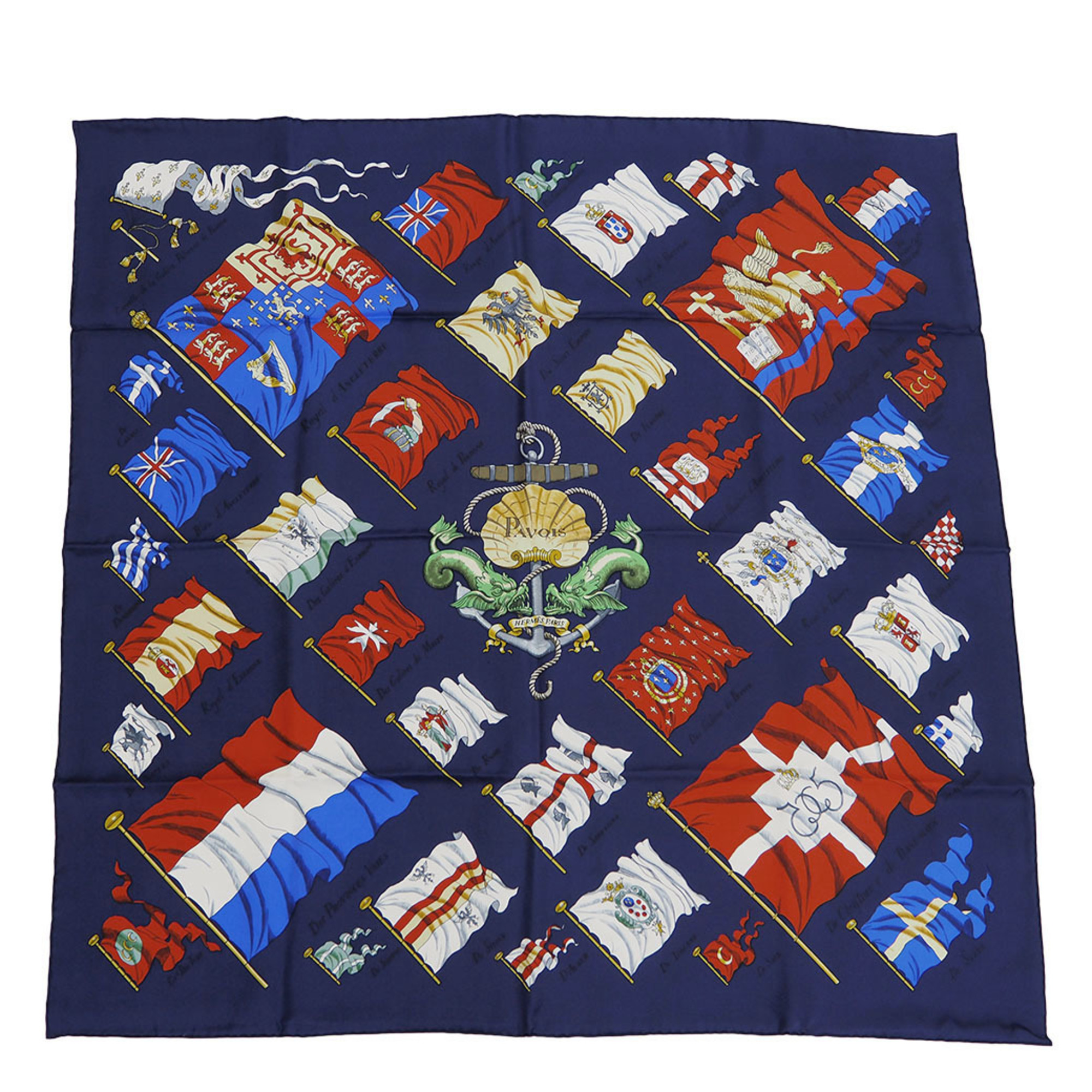 HERMES Hermes Carre 90 PAVOIS flag navy scarf muffler