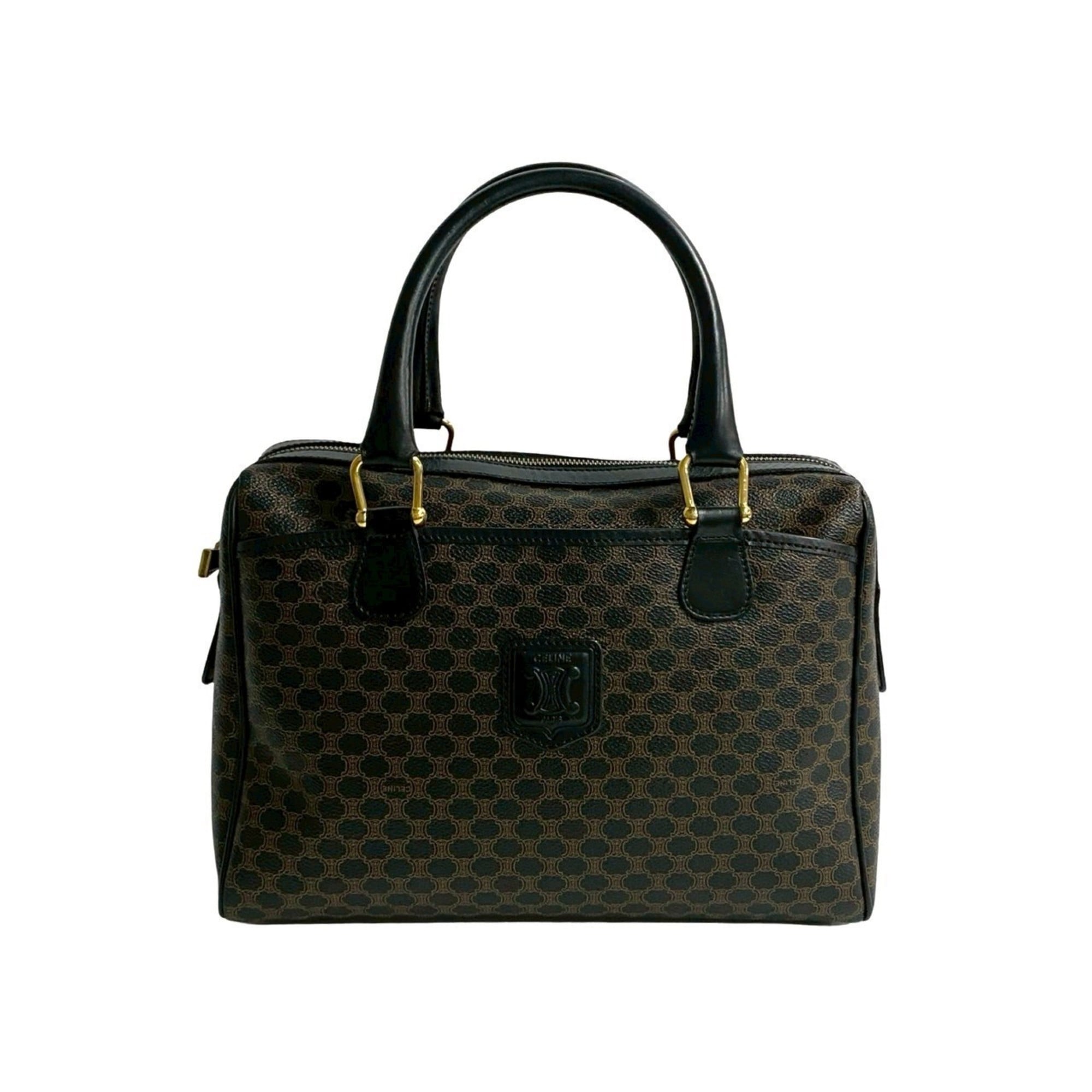 CELINE Macadam Blason Triomphe Leather Handbag/Mini Boston Bag (Black/Brown) 38188