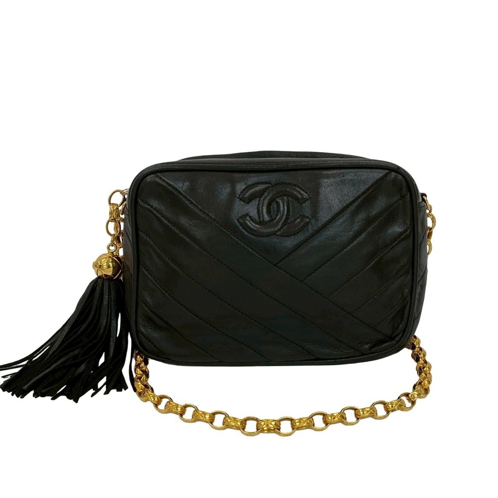 CHANEL Coco Mark V-Stitch Tassel Lambskin Chain Shoulder Bag Black 28437