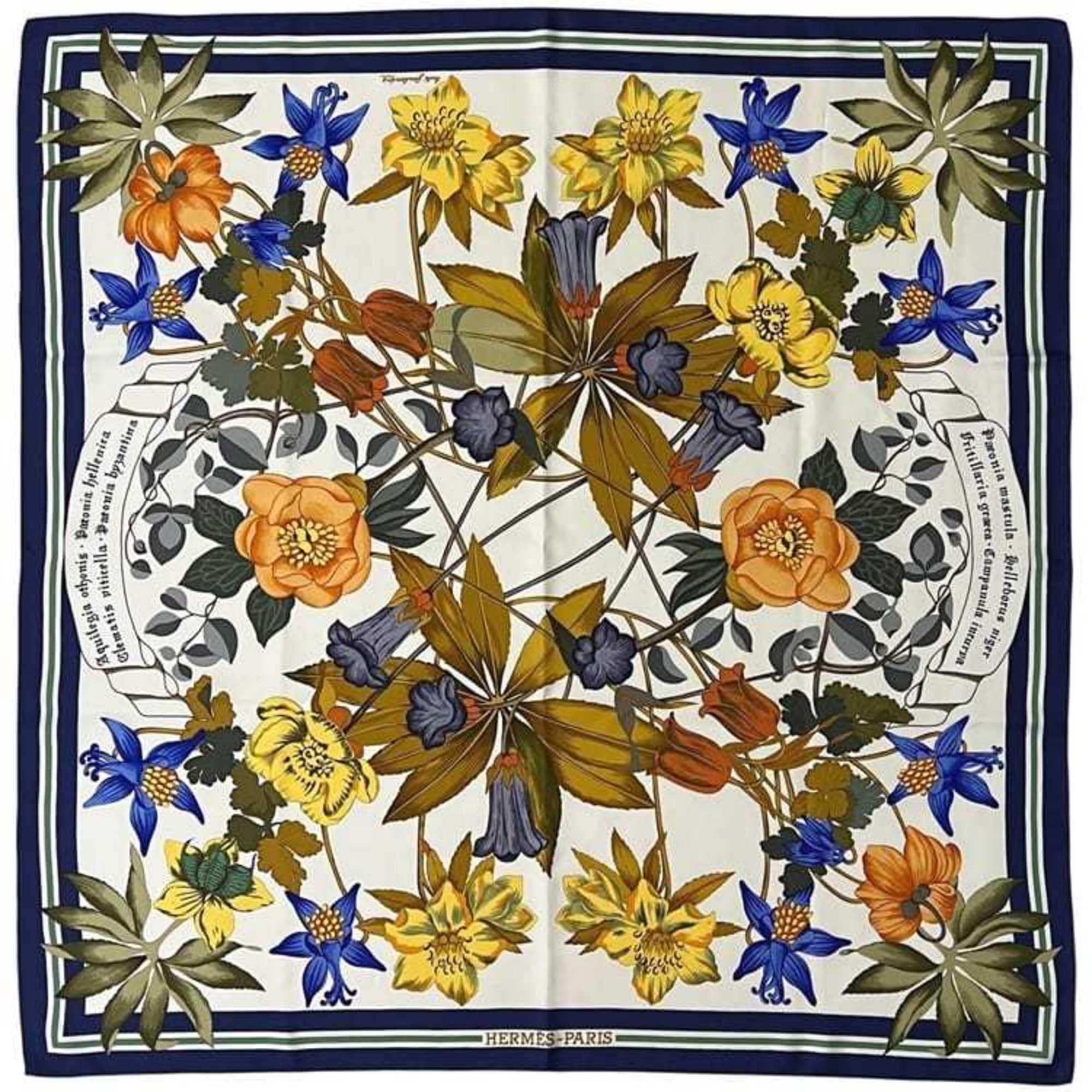 Hermes HermÃ¨s CarrÃ© 90 Scarf (ec-24548) in White and Navy. 100% Silk with a Hellas Flower Design. Large, multicolored design. Women’s.