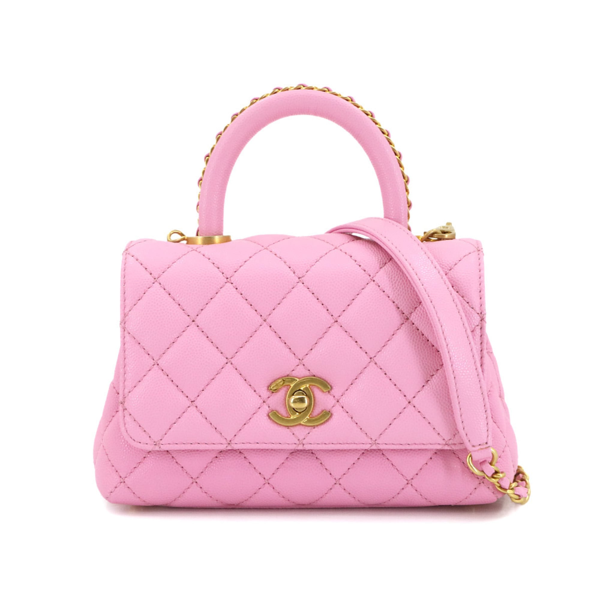CHANEL Coco Handle Matelasse 2-Way Hand/Shoulder Bag in Pink Caviar Skin (AS2215)
