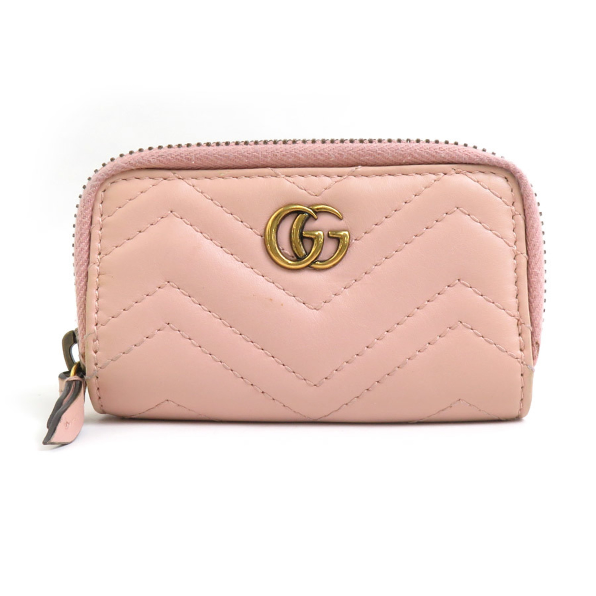 GUCCI GG Marmont key case, leather, metal, pink beige, gold, women’s, 498127, e60022a