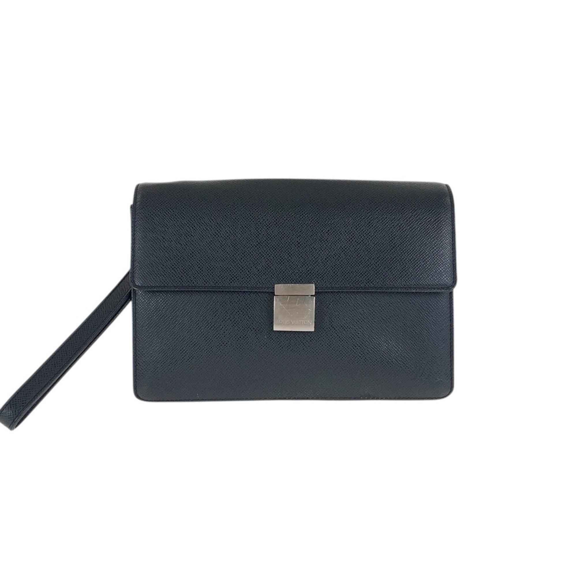 LOUIS VUITTON Taiga Selenga Ardoise Black Leather Clutch Bag with Silver Hardware, M30782, Men’s