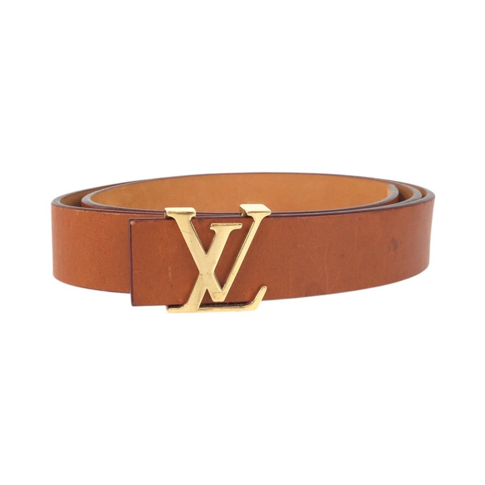 LOUIS VUITTON Men’s Santur LV Initial 90 36 Brown Gold Hardware Leather Metal Belt M6903