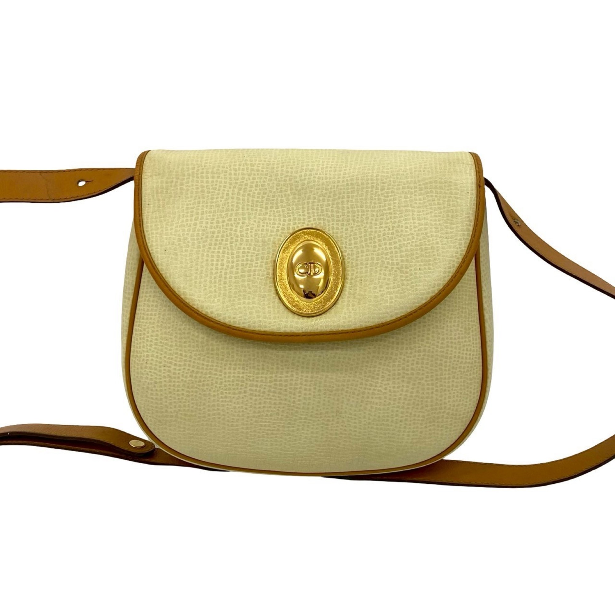 Christian Dior CD logo hardware leather genuine shoulder bag pochette ivory camel 362-1