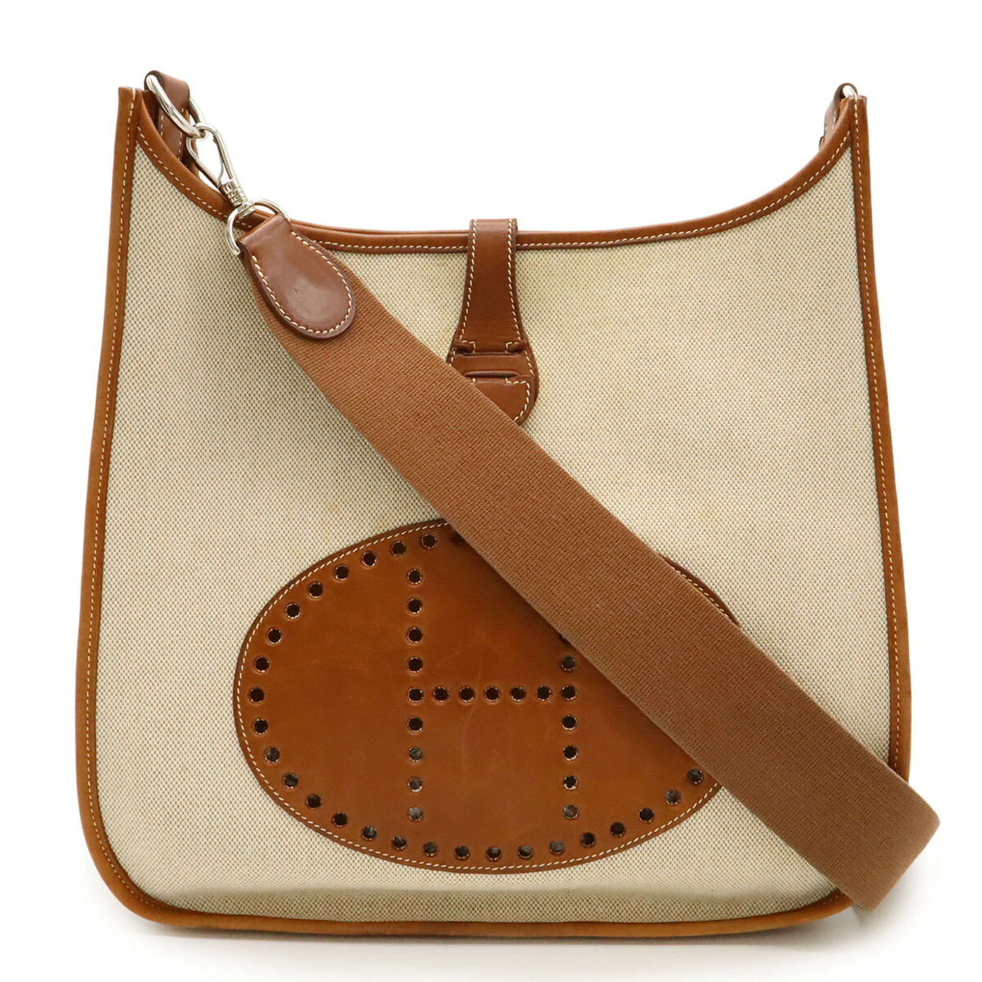 HERMES Evelyn I GM Shoulder Bag in Toile H Leather, Natural Brown, Stamp