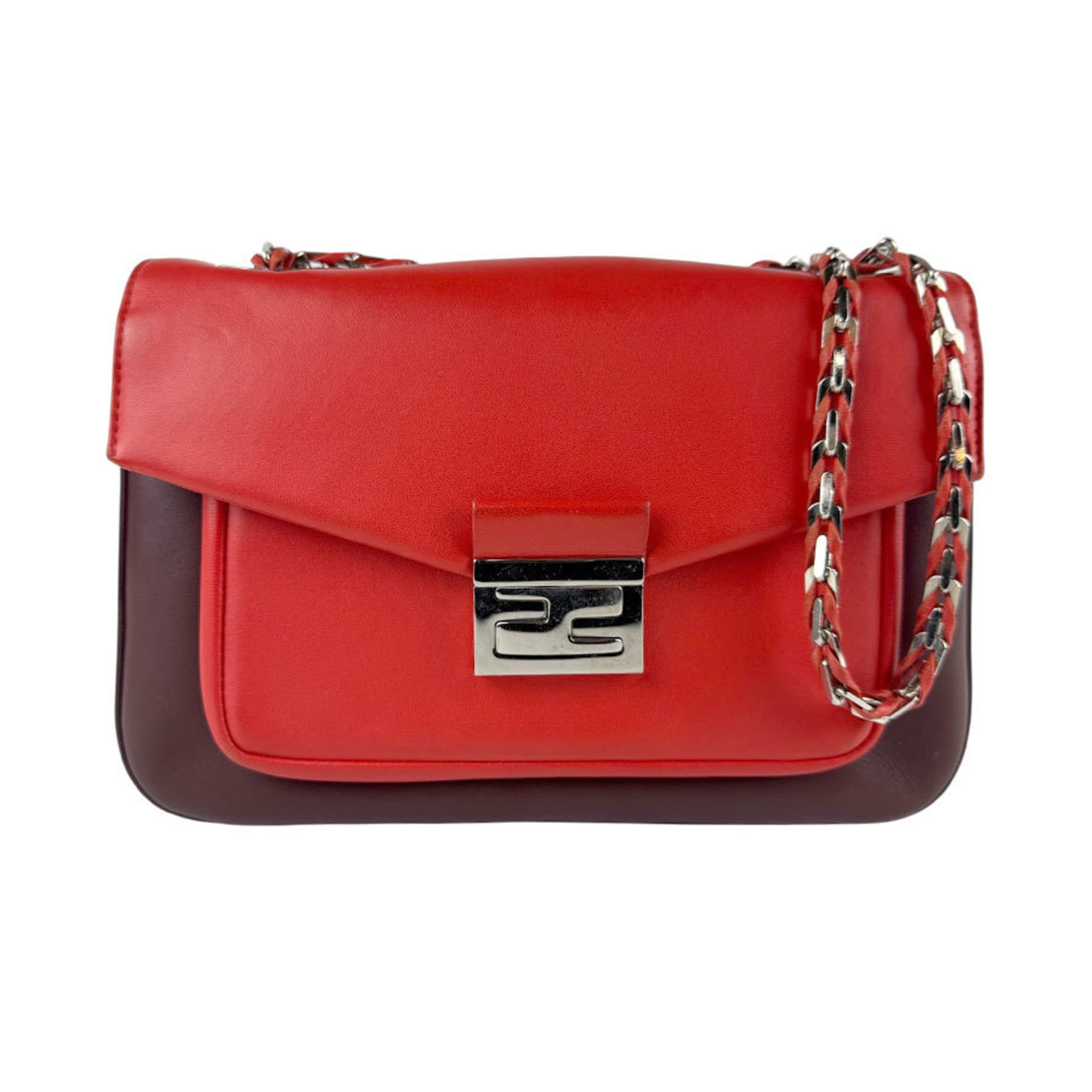 FENDI Shoulder Bag Leather Red Burgundy Silver Women’s 8BR677-W2E z5936
