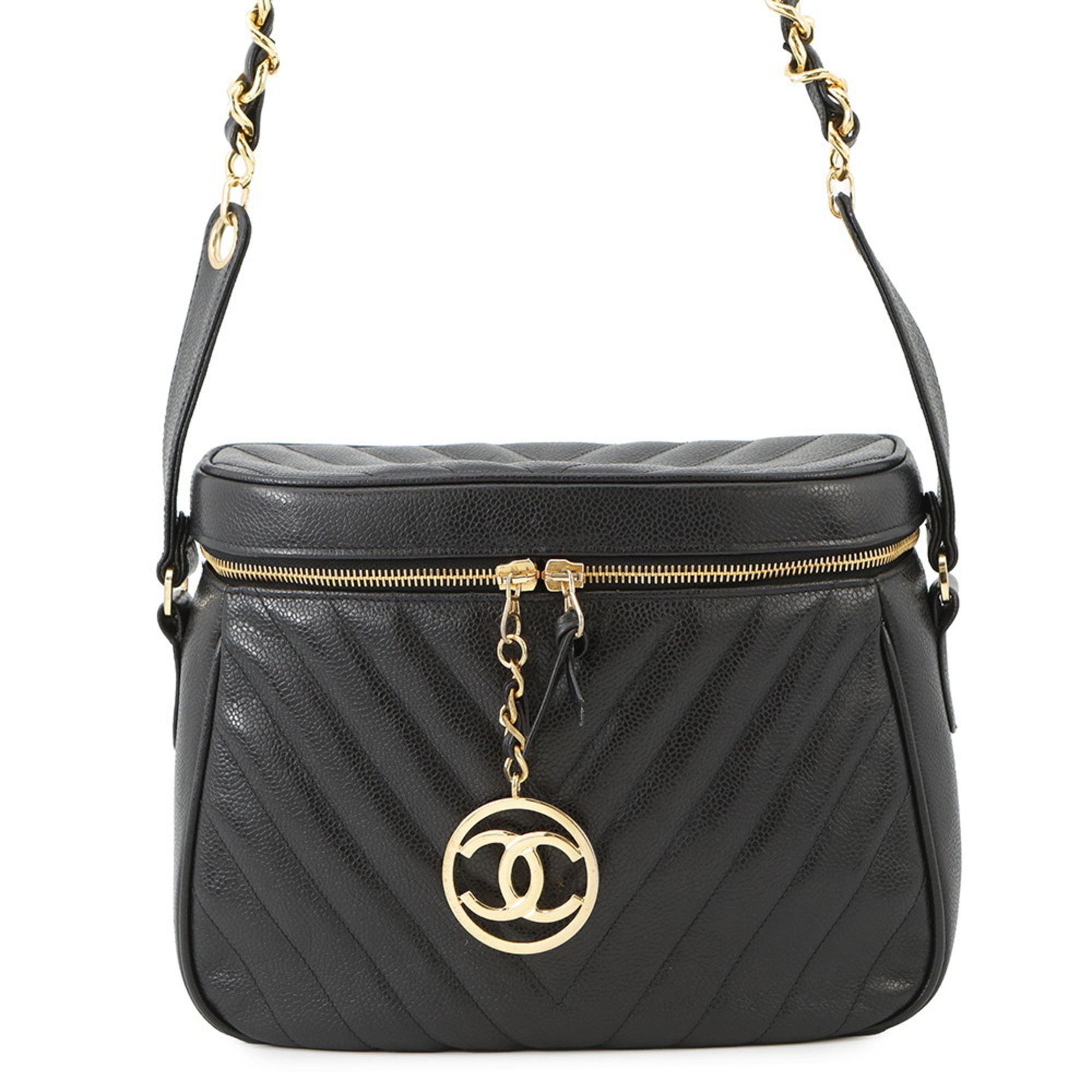 Chanel Chain Shoulder Bag, Chevron Coco Mark Vanity Caviar Skin, Black, V-Stitch