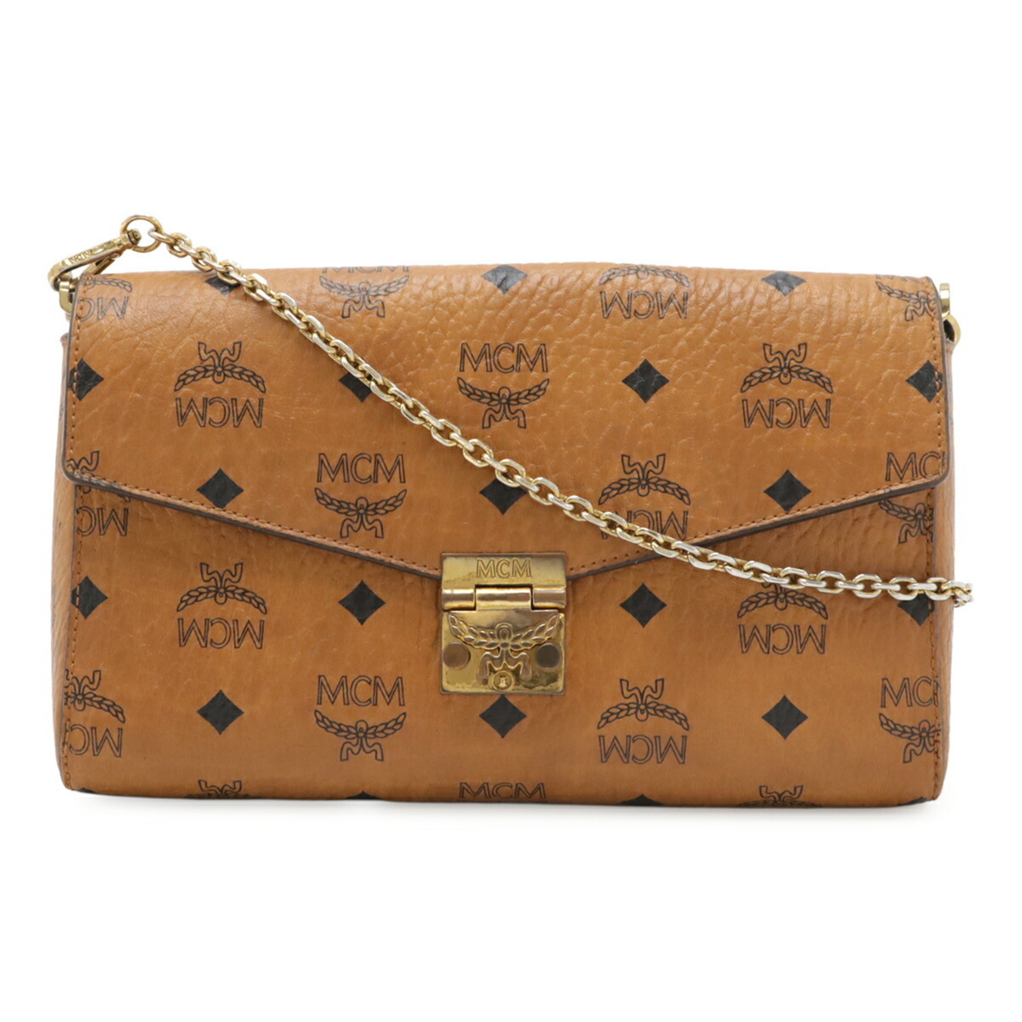 MCM Visetos Shoulder Bag, Pochette, Chain Wallet, Clutch PVC Leather, Cognac