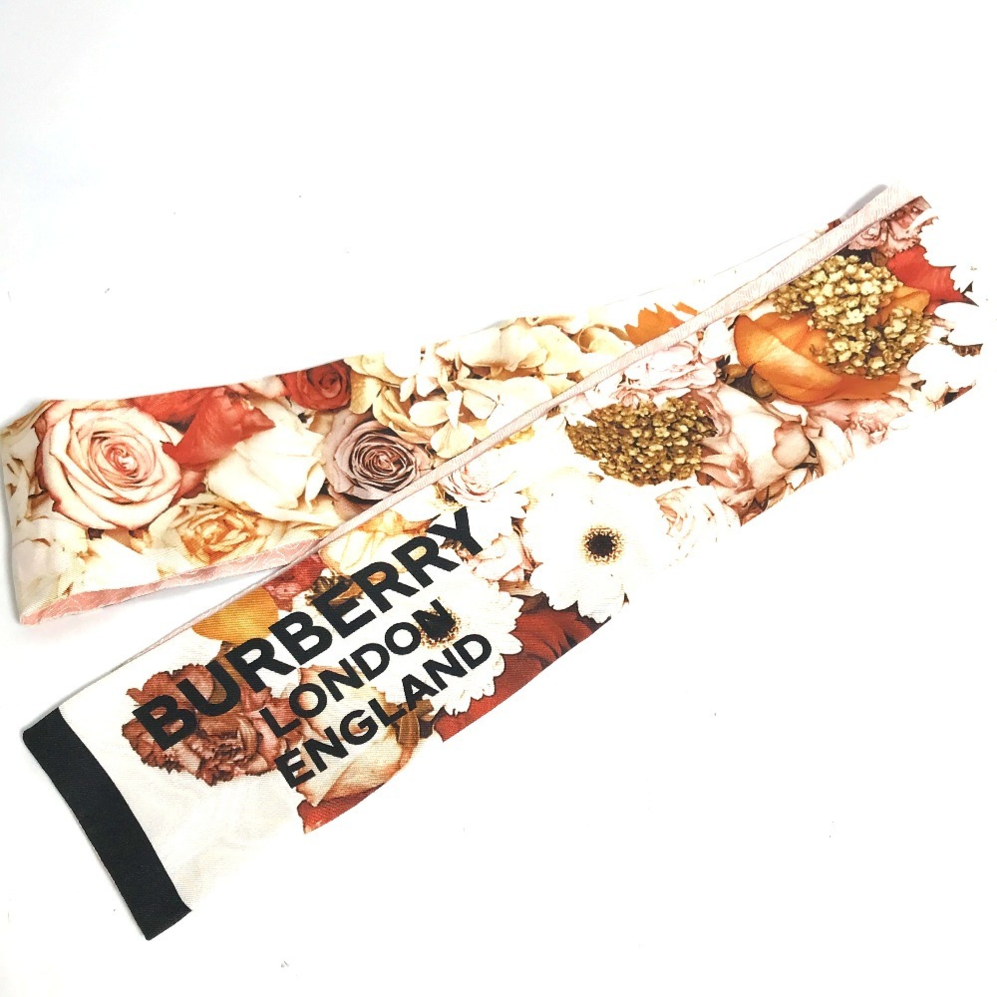 BURBERRY Floral Print Silk Skinny Scarf 8021938, Women’s Pink, Like New, Bandeau Scarf/Muffler