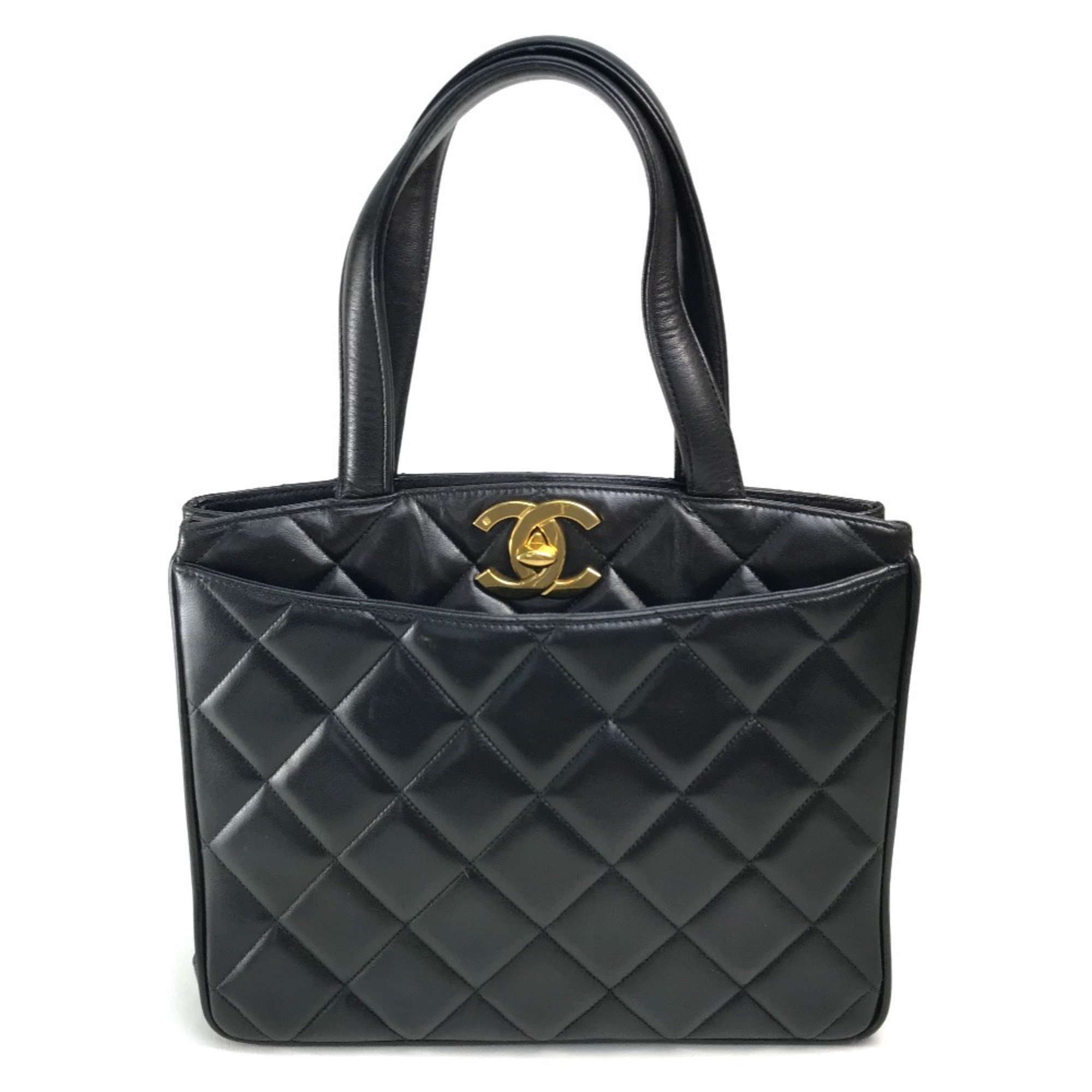 CHANEL CC Coco Mark Matelasse Quilted Handbag Tote Bag in Lambskin, Black with Gold Hardware