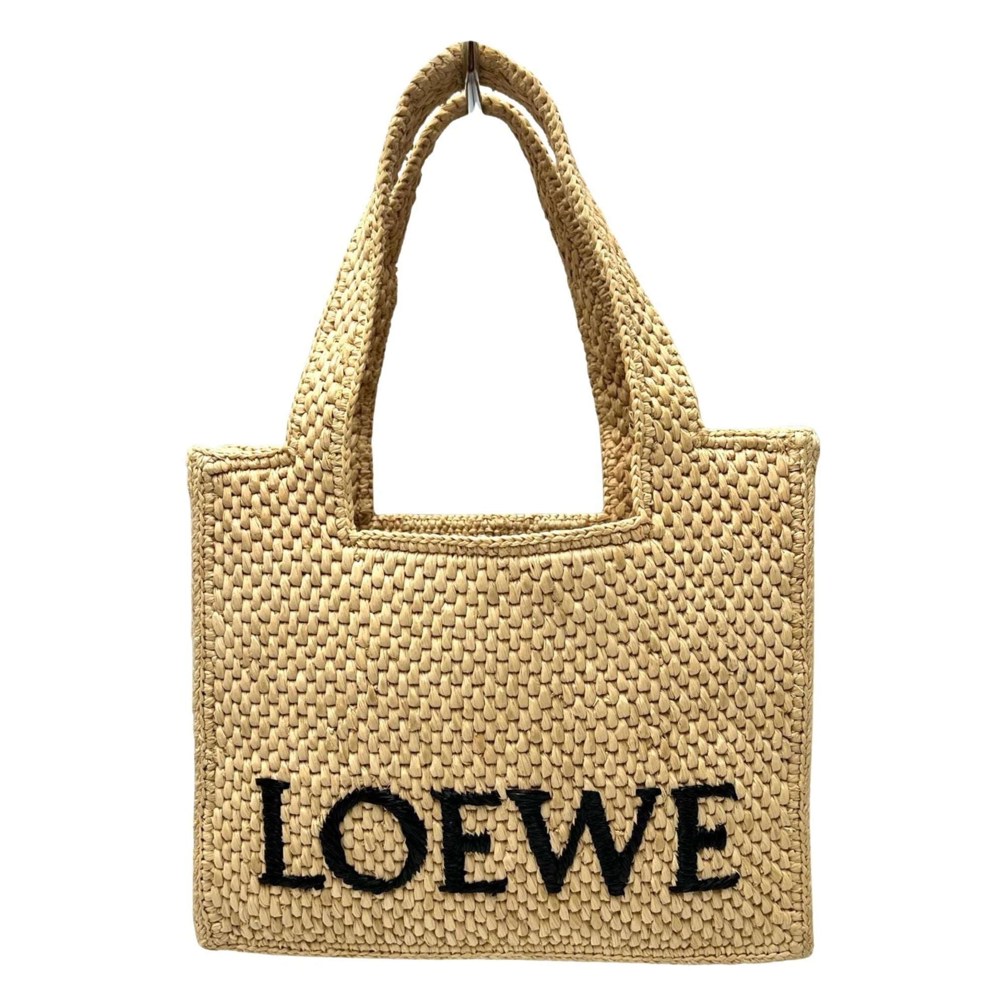 LOEWE Font Tote Small Handbag, 2-Way Shoulder Bag, Raffia, Beige, Women’s