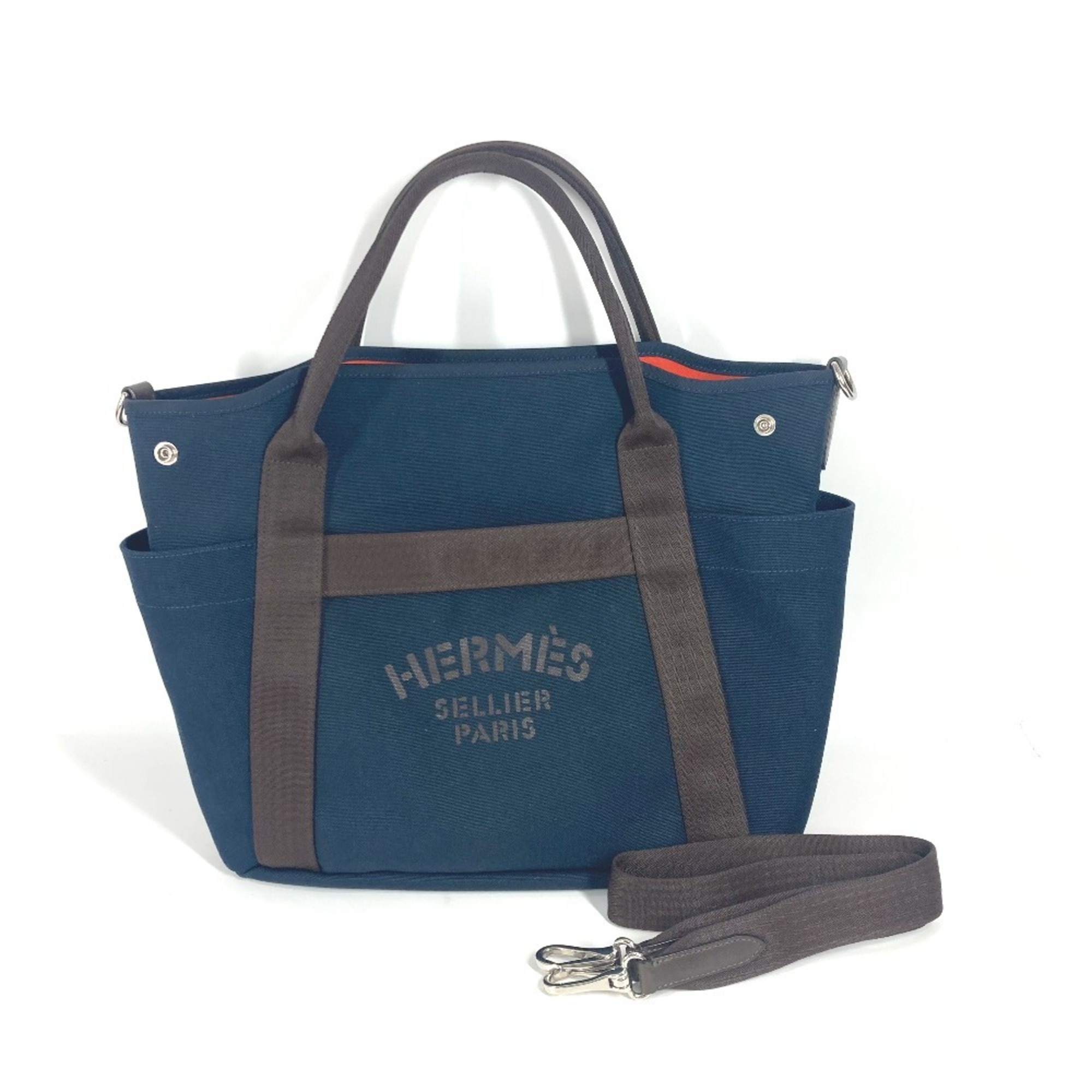 HERMES Hermes Sac de Pansage Groom 2WAY Shoulder Bag Crossbody Tote Leather Canvas Women’s Navy