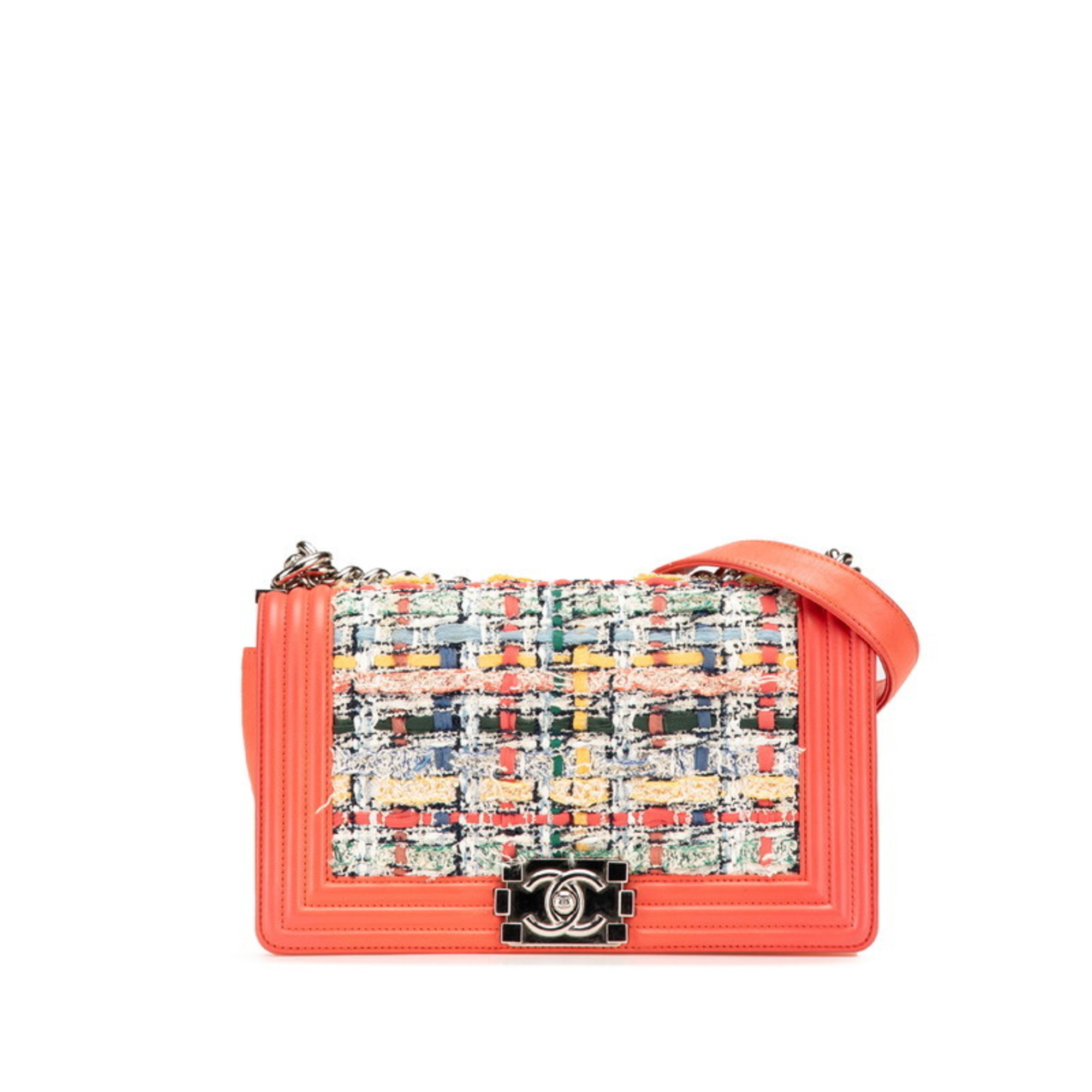 Chanel Coco Mark Boy 25 Shoulder Bag in Orange, Multicolored Tweed and Lambskin, Women’s CHANEL