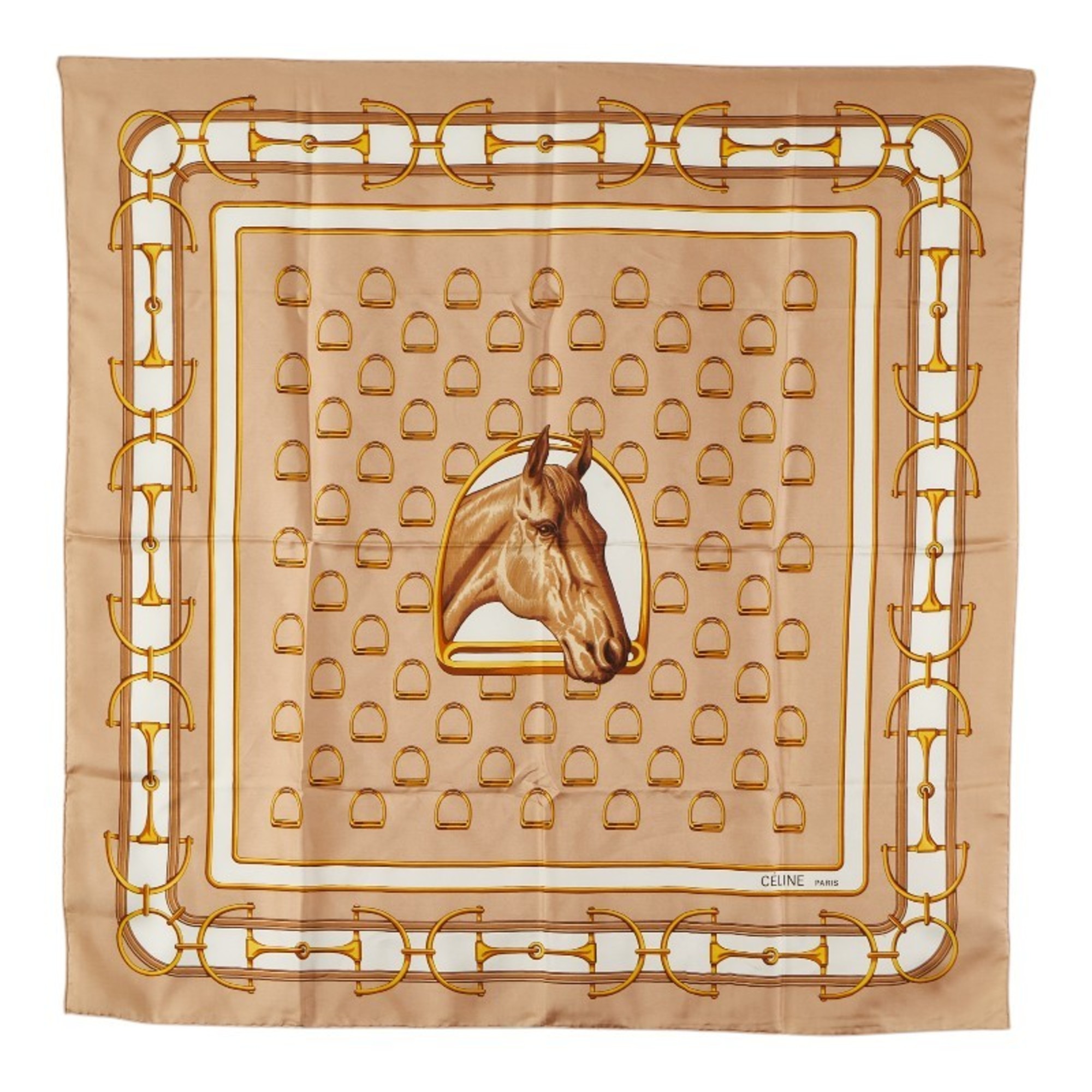 Celine Horsebit Large Scarf, Beige Silk, Women’s, CELINE