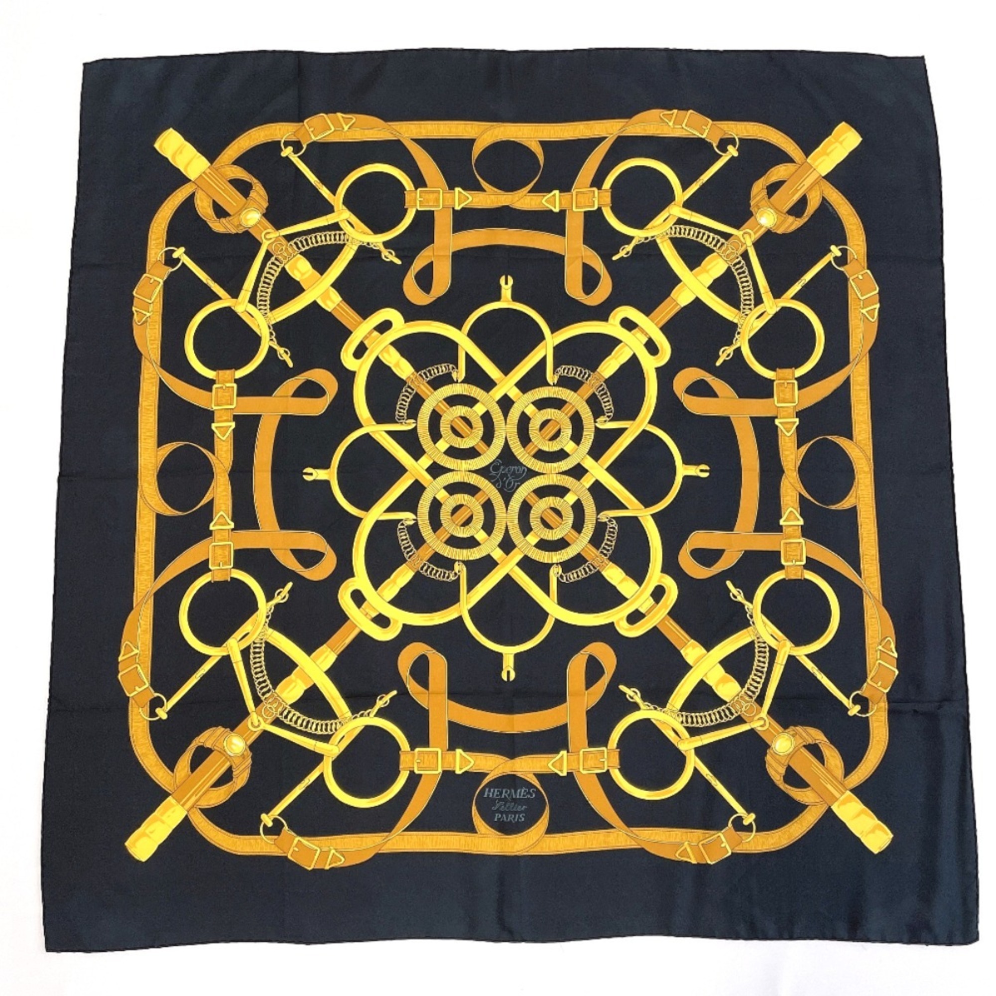 HERMES CarrÃ© 90 Eperon dor Golden Spur Scarf, Silk, Black, Women’s, N5027649