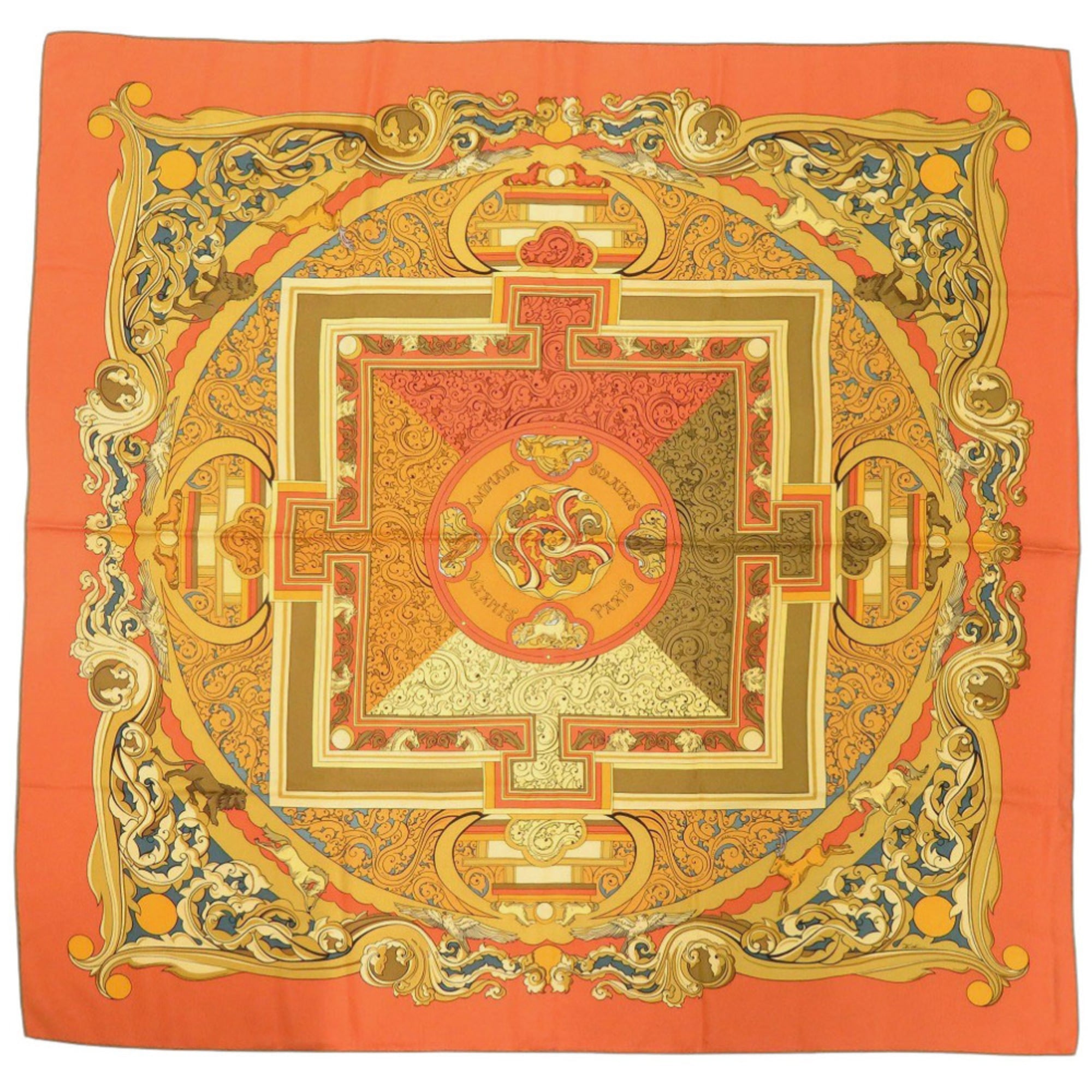 HermÃ¨s CarrÃ© 90 “ANIMAUX SOLAIRES” Sun Animals Silk Orange Scarf Muffler 0097 HERMES